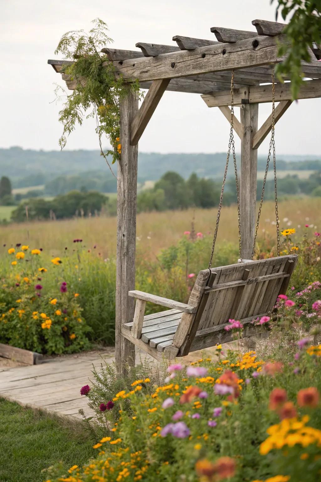 A rustic pergola swing offers countryside charm in the backyard.