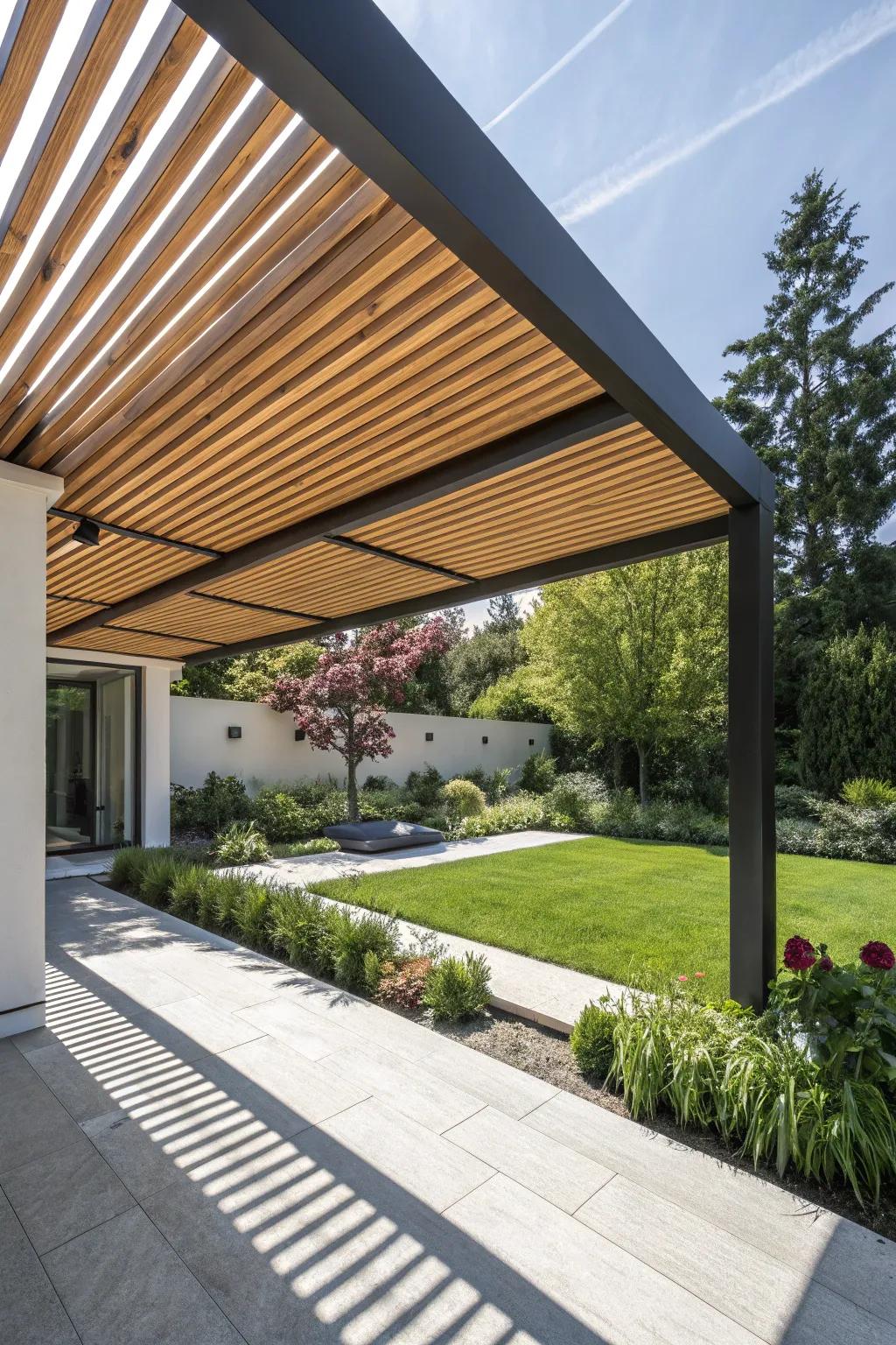 Wooden slats provide a sleek and functional pergola top.