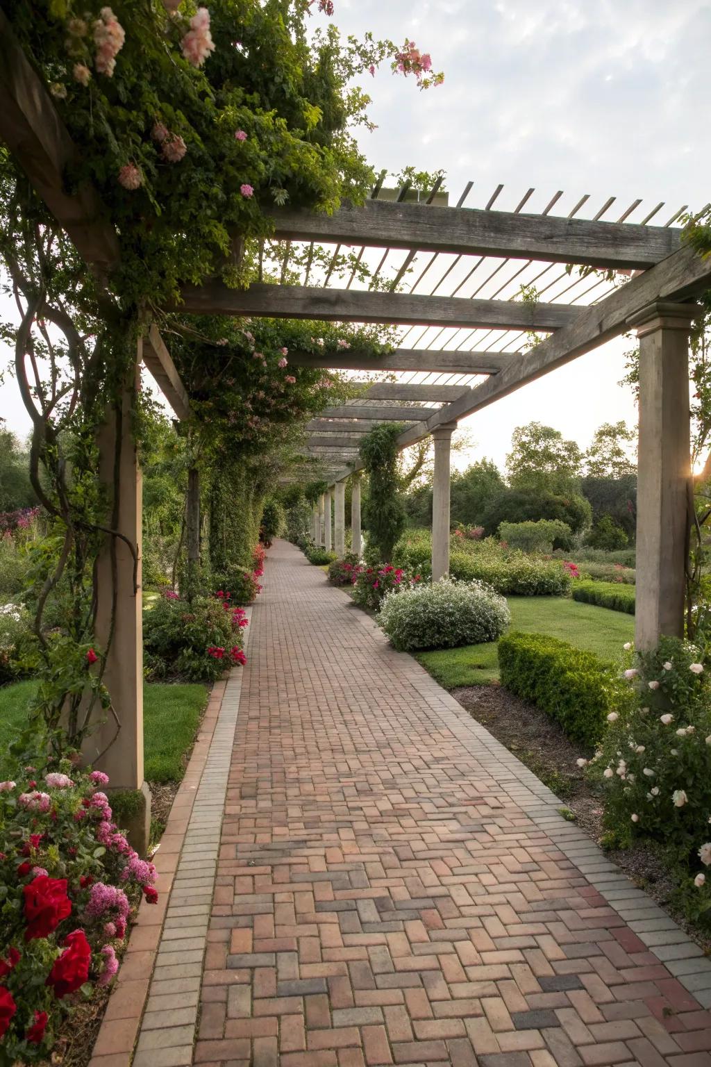 A pergola walkway featuring attractive brick flooring for added charm.