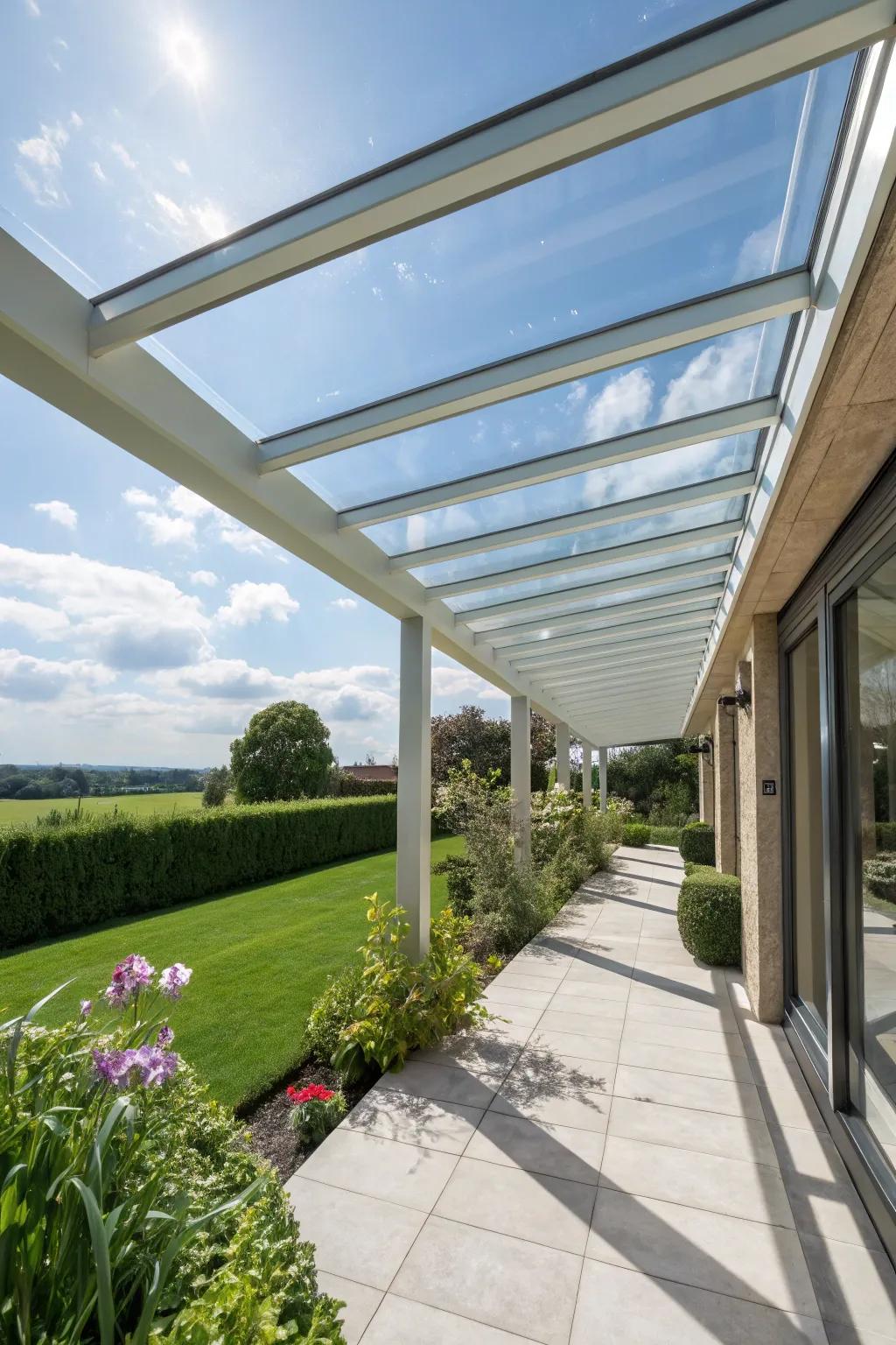 A pergola with elegant glass covers, offering protection and a clear sky view.