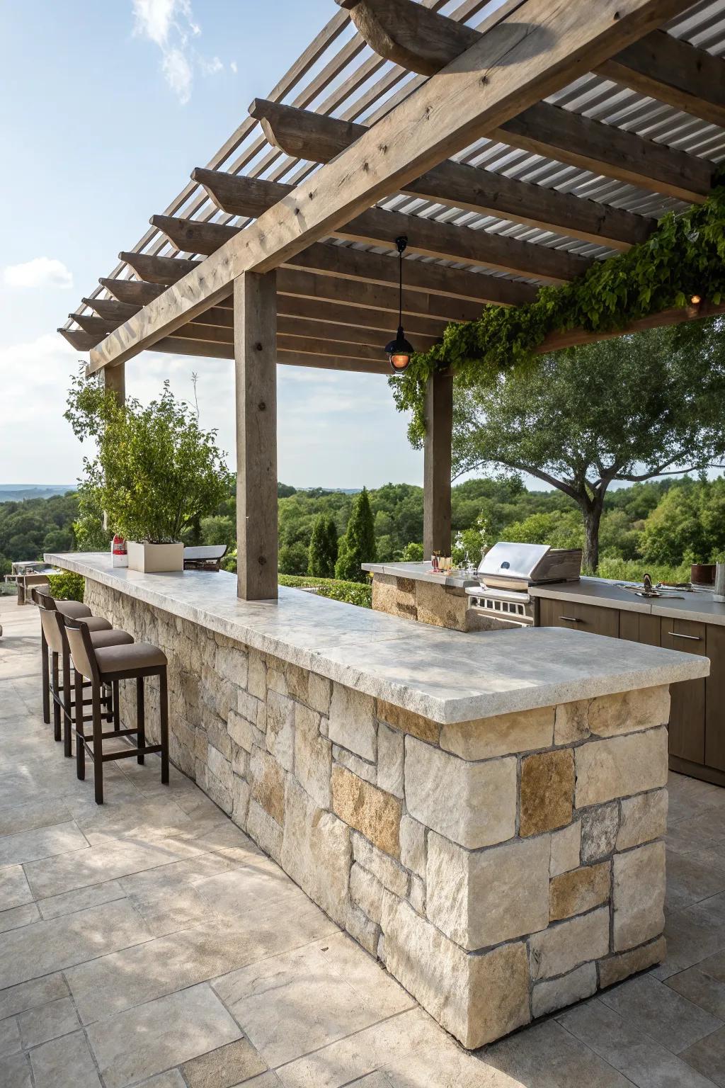 A stone bar counter offers timeless elegance and durability.