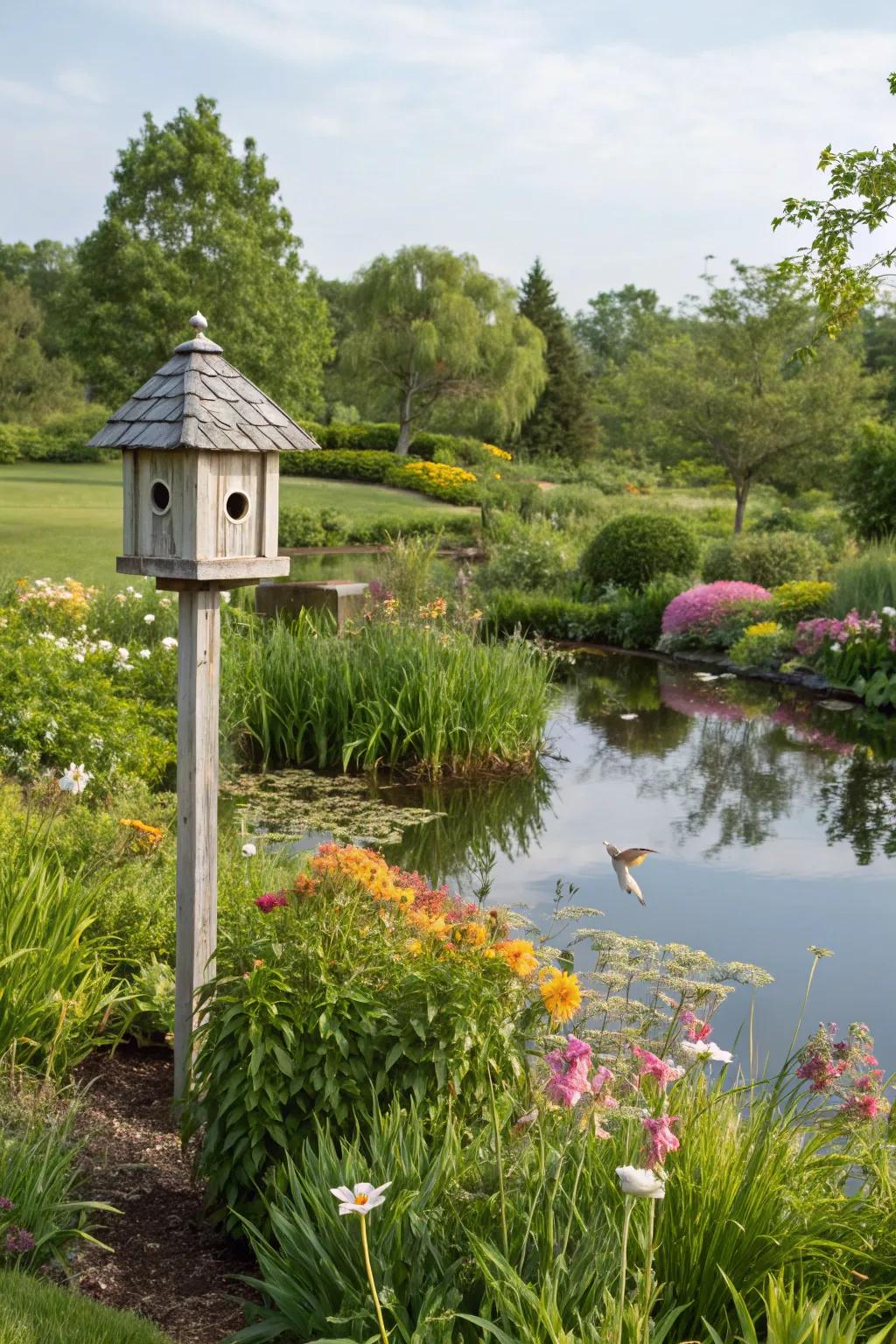 A welcoming wildlife habitat featuring a pond and birdhouse.