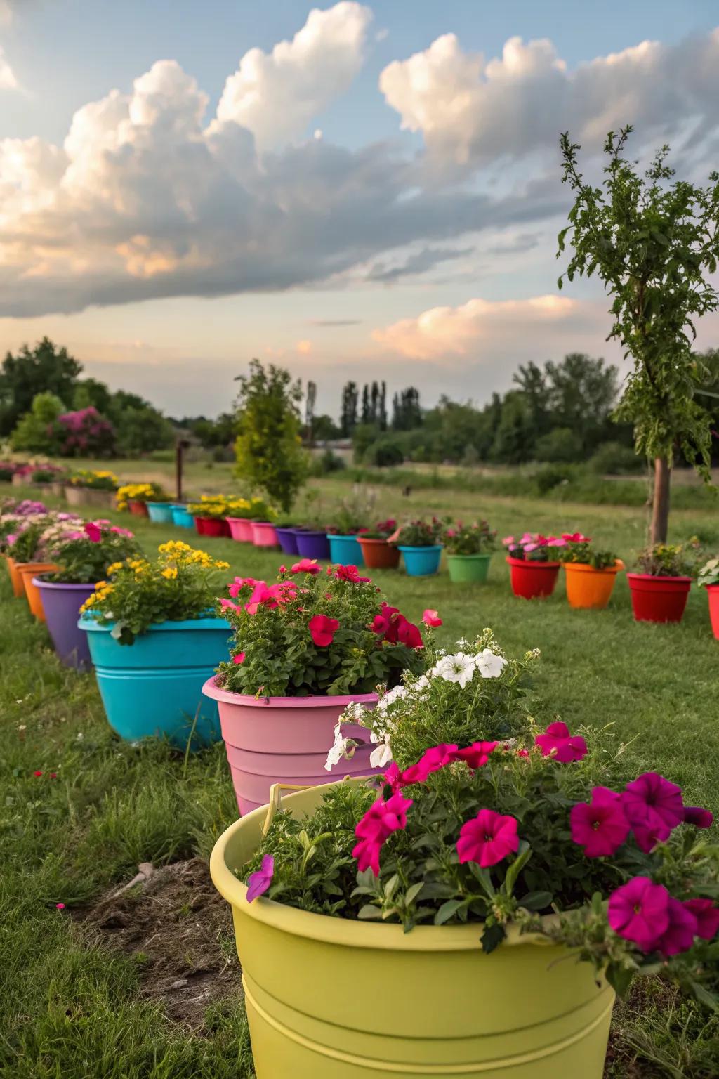 Colorful plastic pots offer durability and vibrant style for petunias.