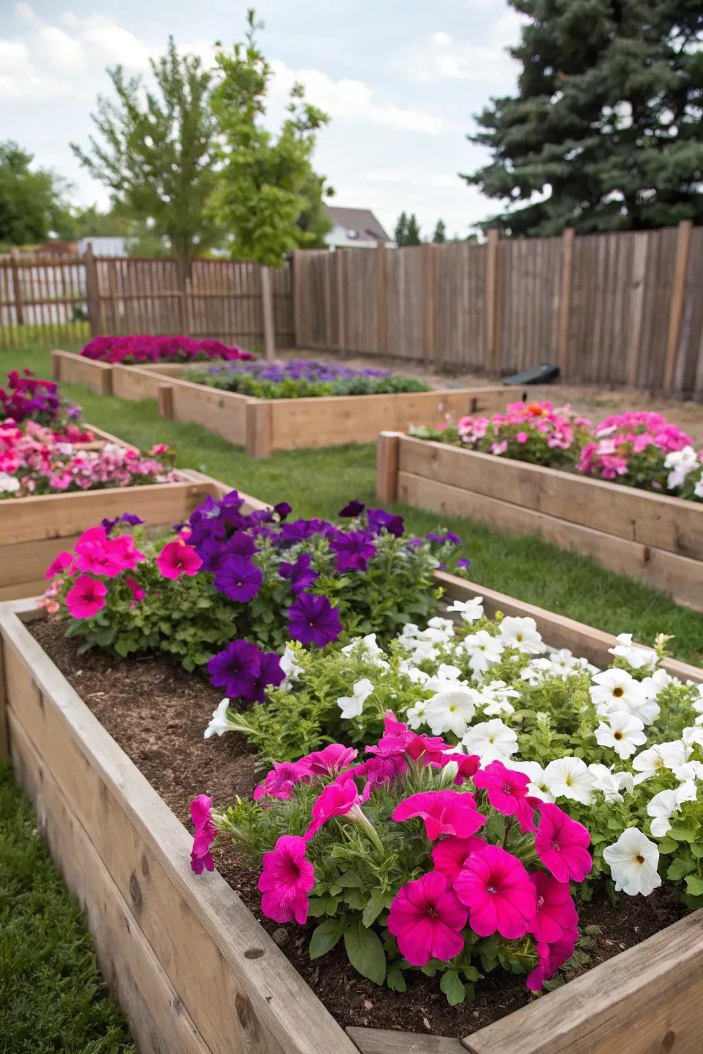 Raised petunia beds bring color closer to eye level.