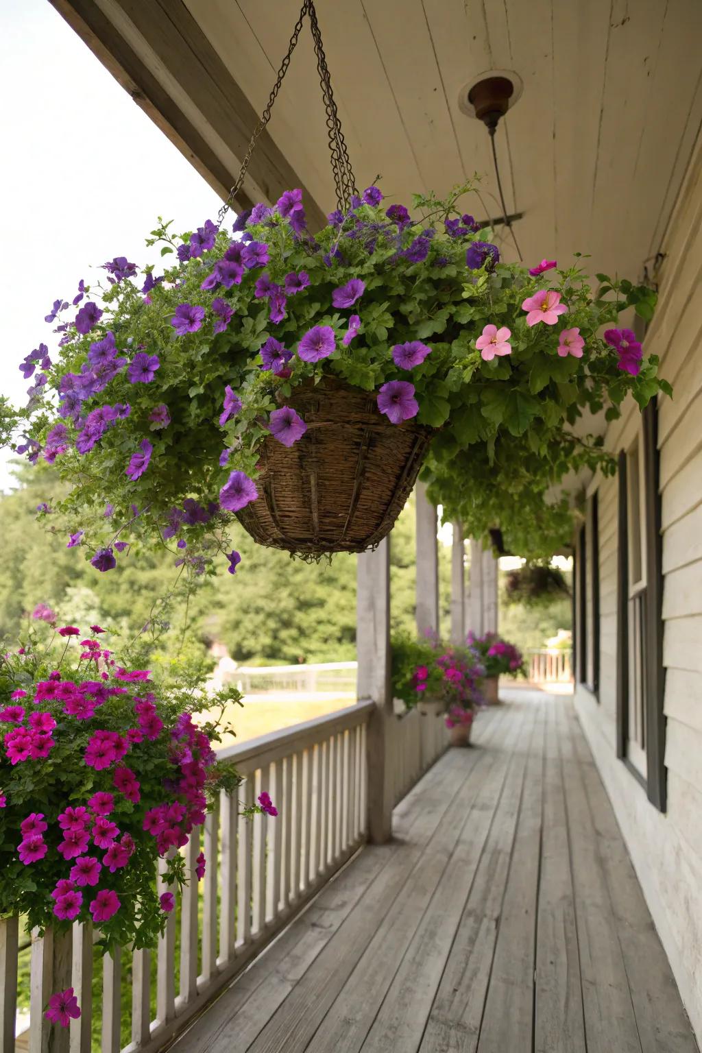Cascading layers of trailing petunias for a dramatic effect.