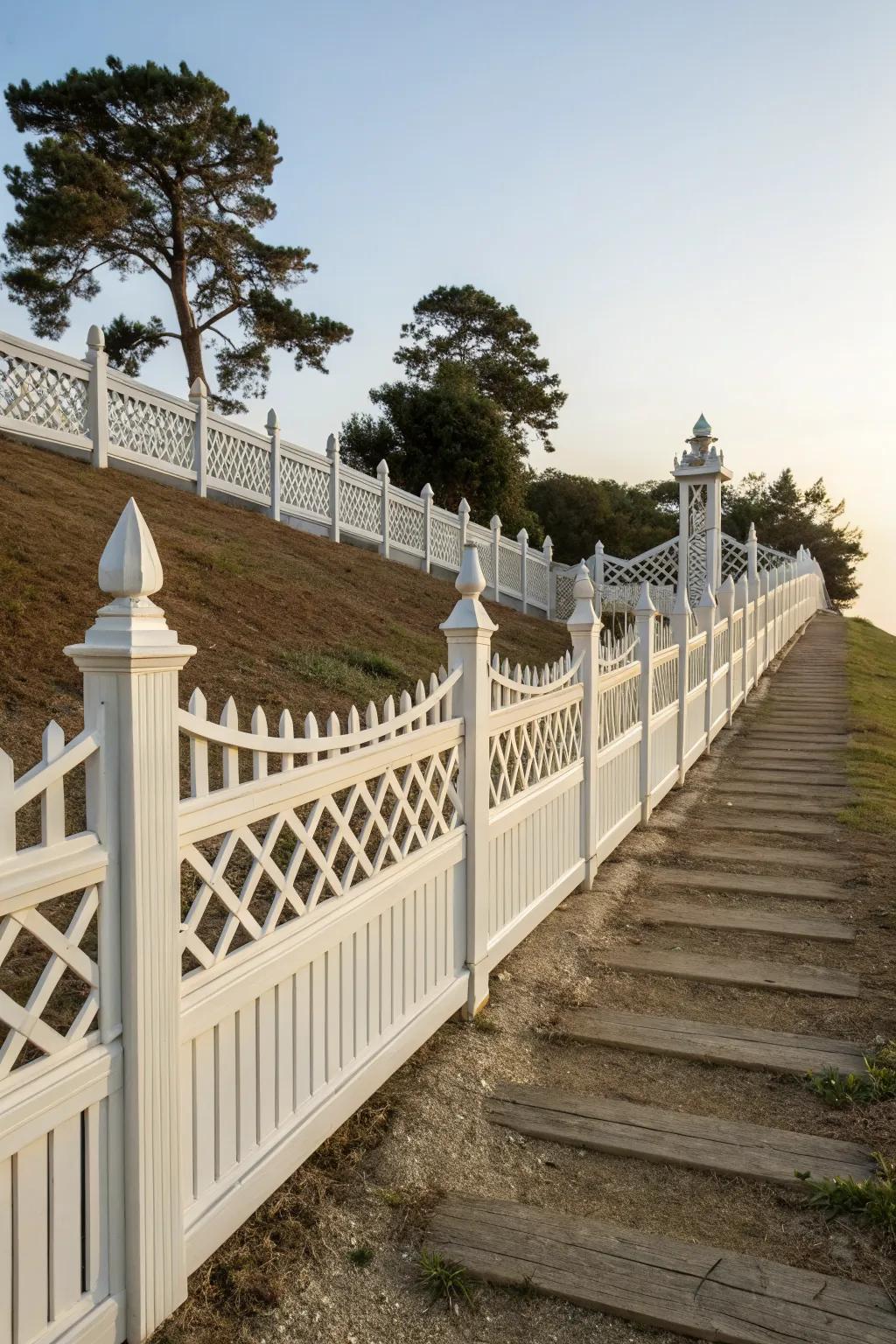 Lattice tops add elegance to sloped fences.