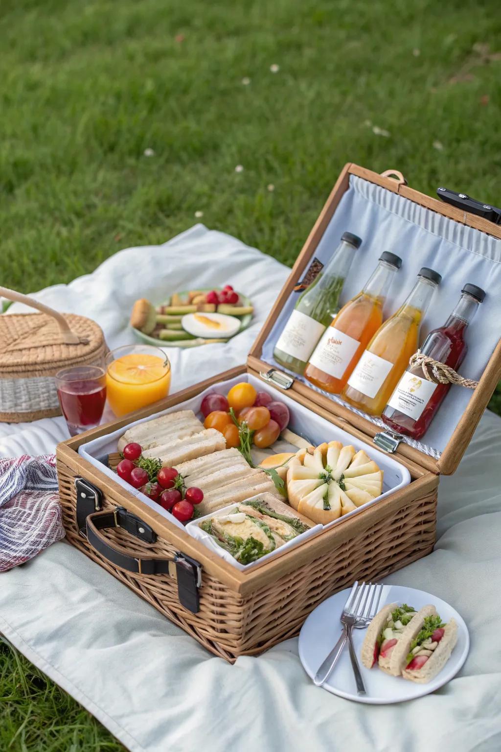A stylish picnic basket ready for a delightful outdoor meal.