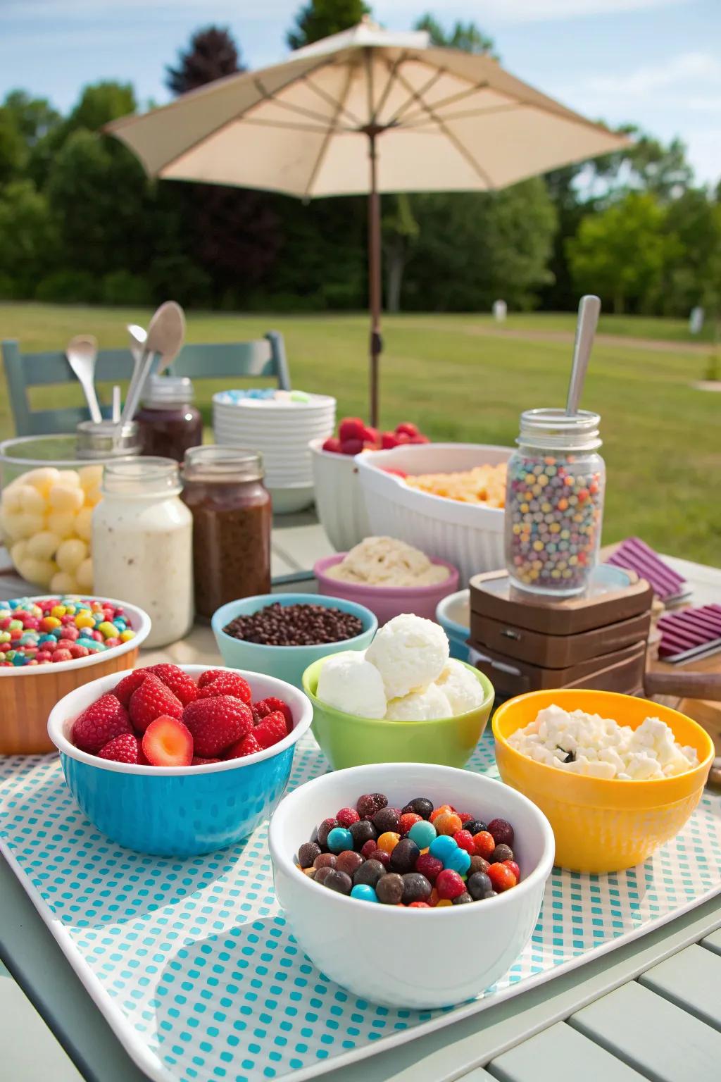 A DIY sundae bar adds a sweet and interactive element to the party.