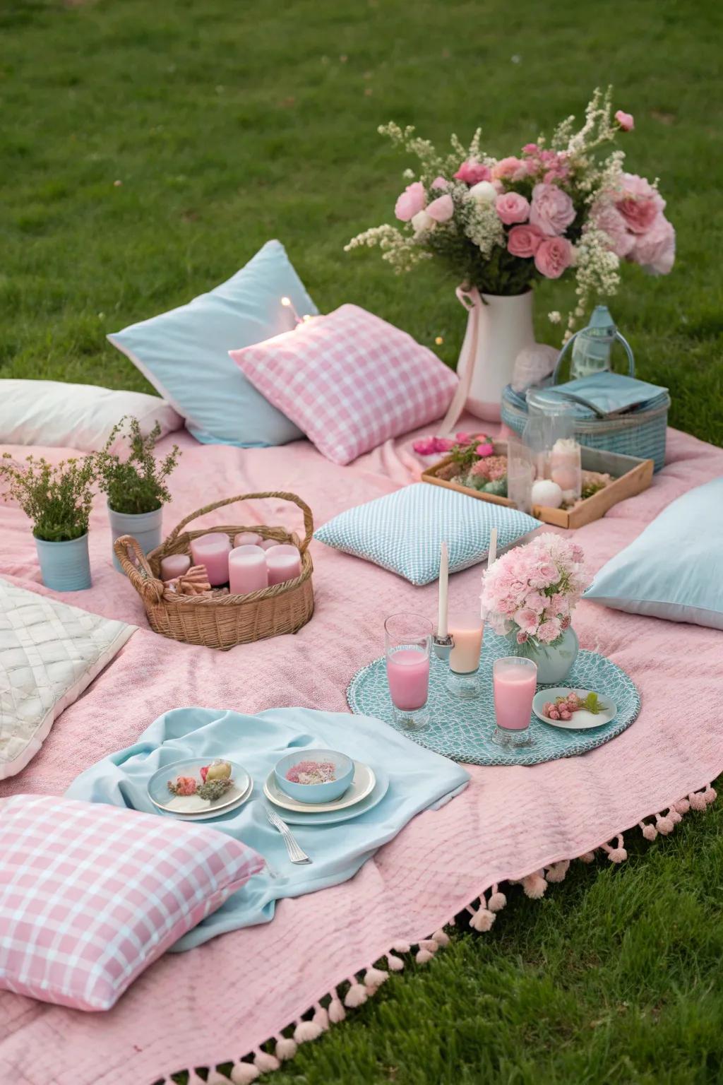 A themed color scheme creates a cohesive and Instagram-worthy picnic setup.