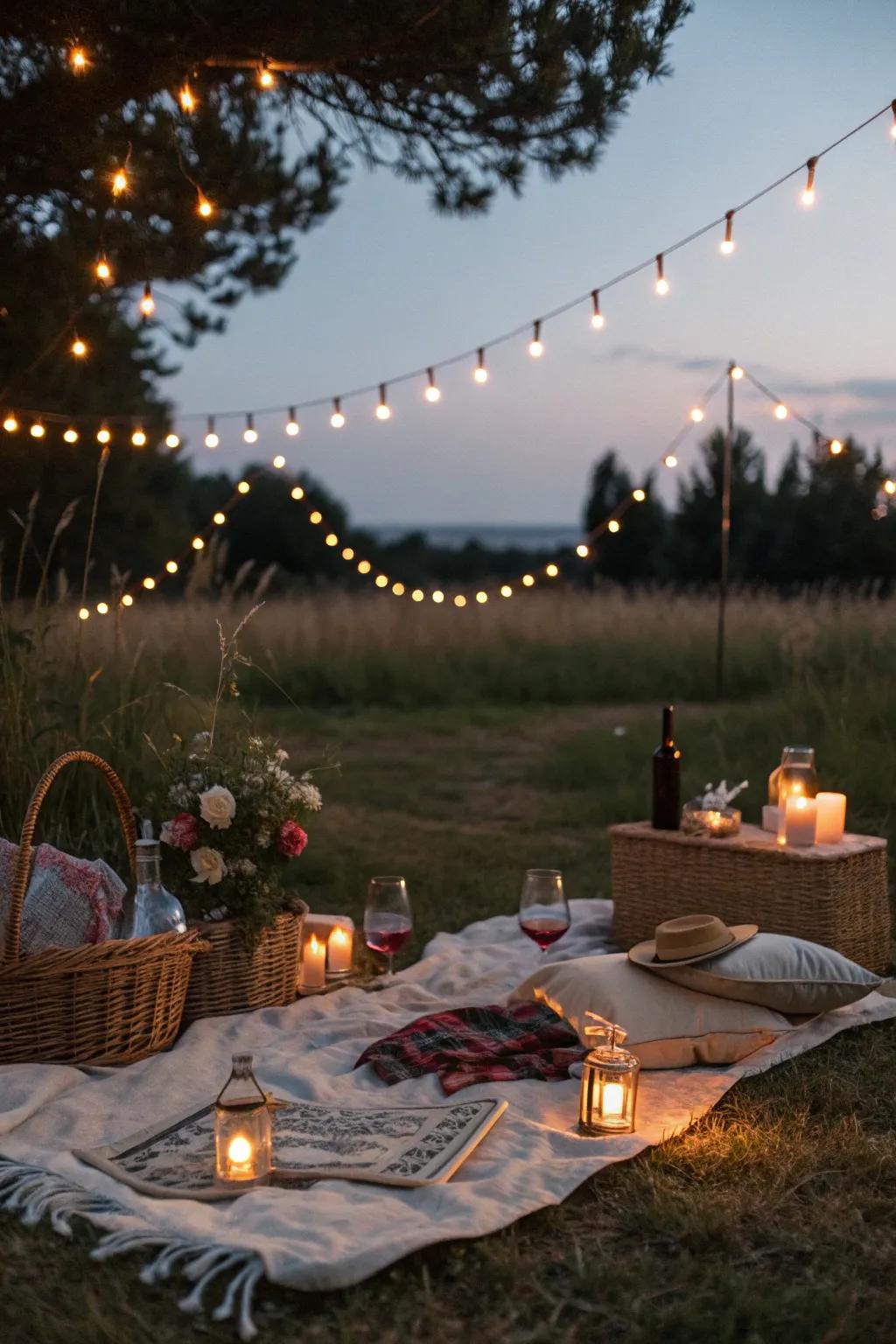 Ambient lighting creates a magical picnic atmosphere.