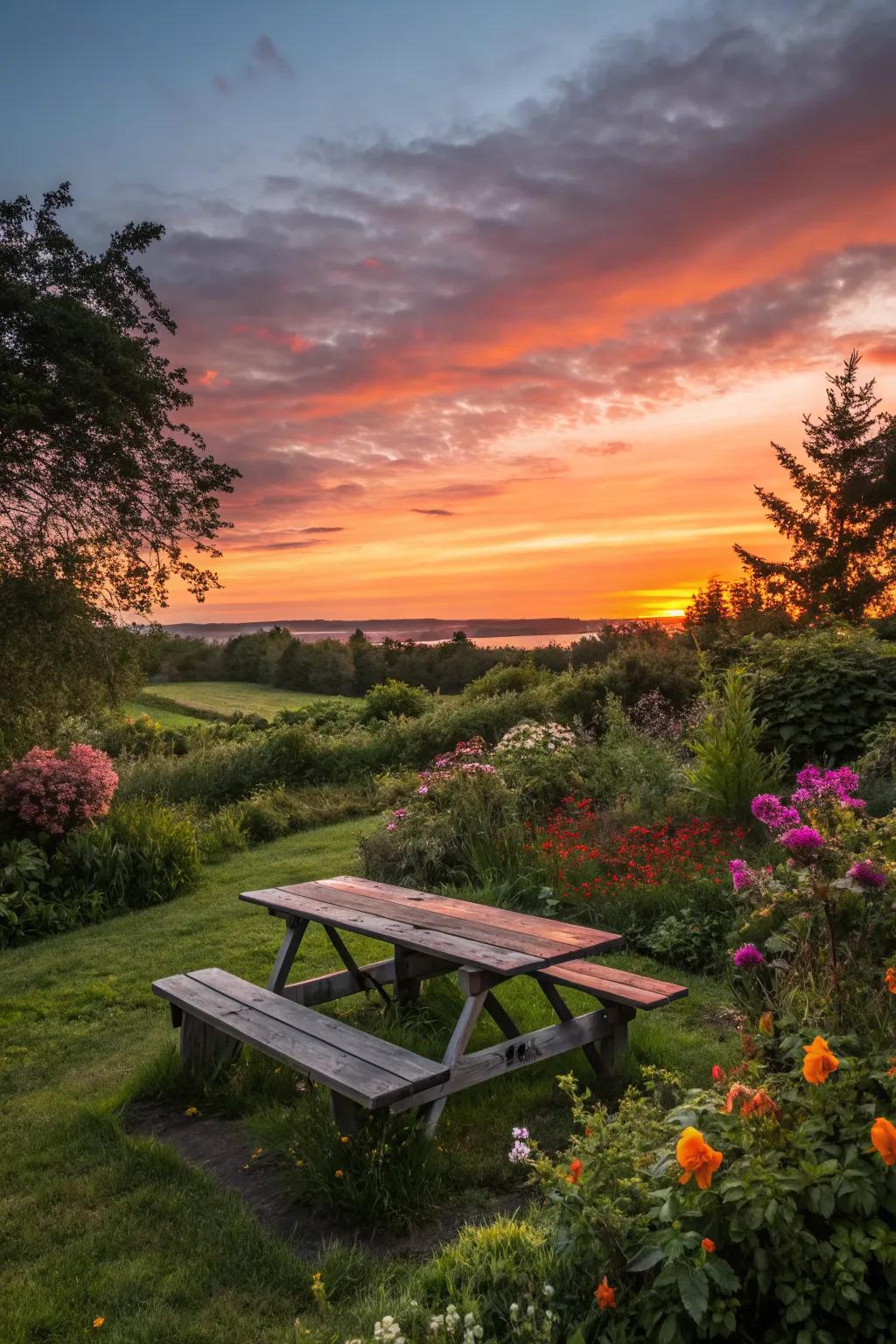 A picnic table with a sunset ombré effect creates a serene garden atmosphere.
