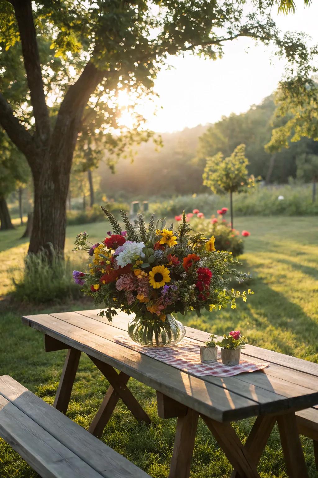 Vibrant flowers add a splash of color to this picnic table setting.