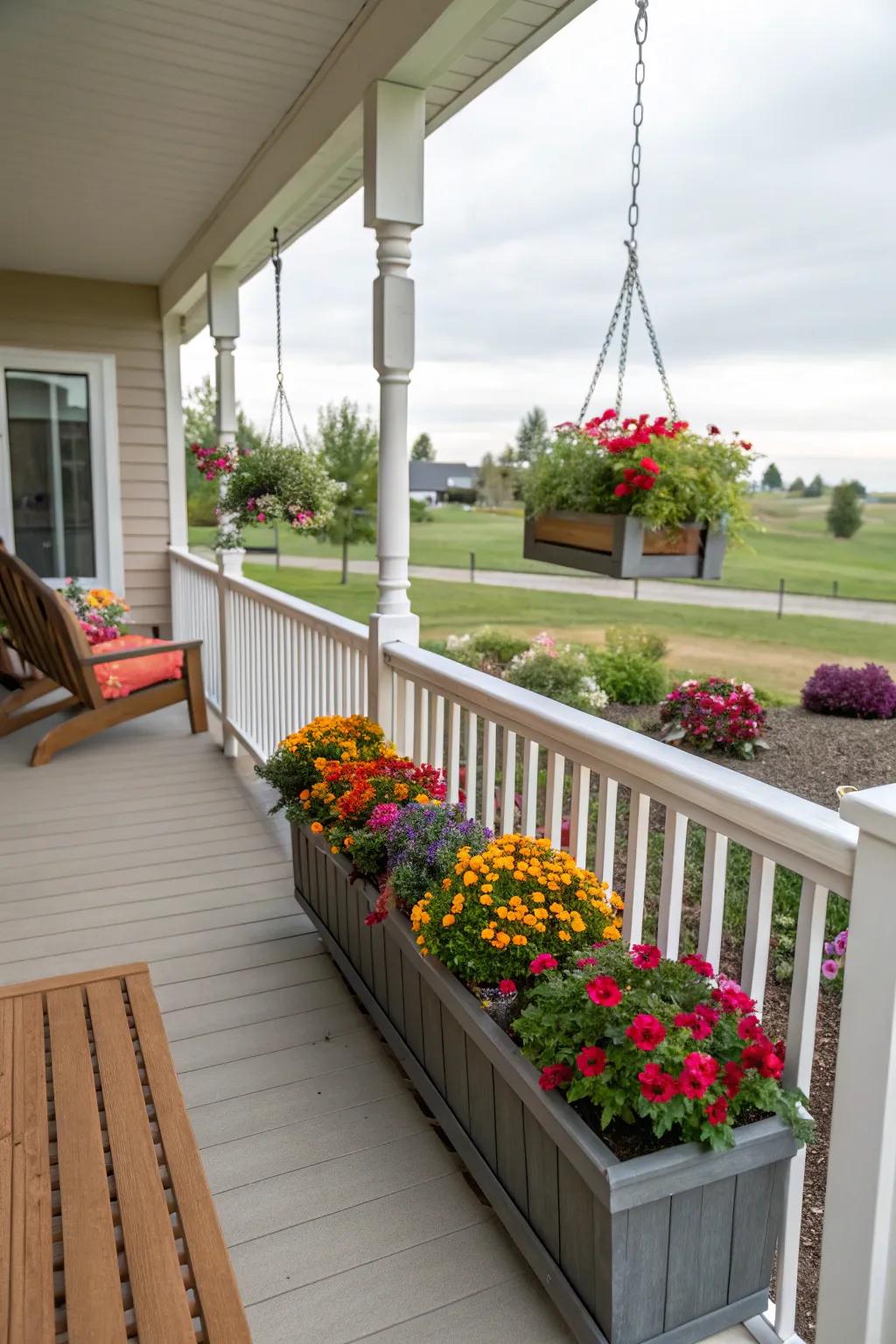 Planter boxes on railings bring vibrant life to your porch.