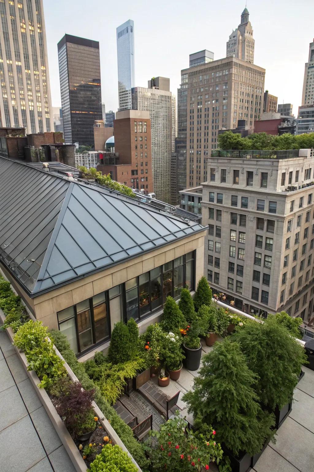 An urban apartment building with a sleek metal roof, creating a modern city oasis.