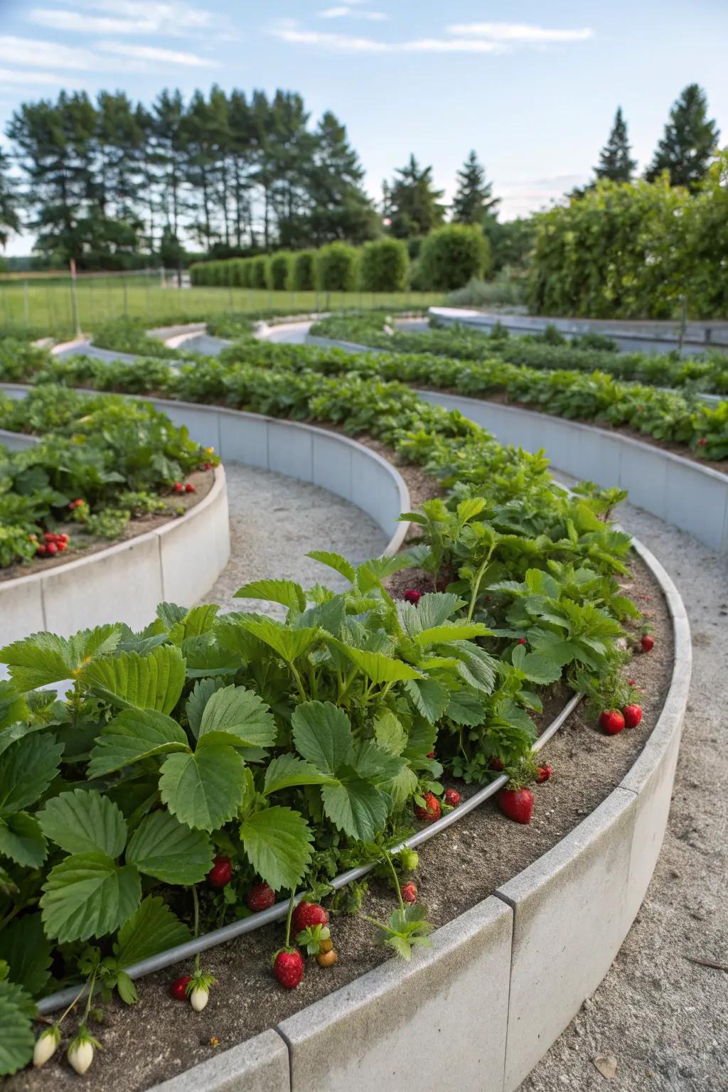 A spiral garden bed filled with strawberries.
