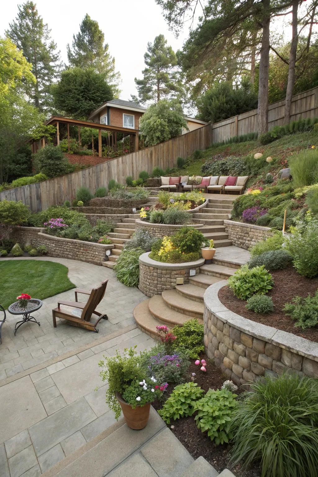 Terraced levels add dimension and functionality to a sloped pie-shaped backyard.