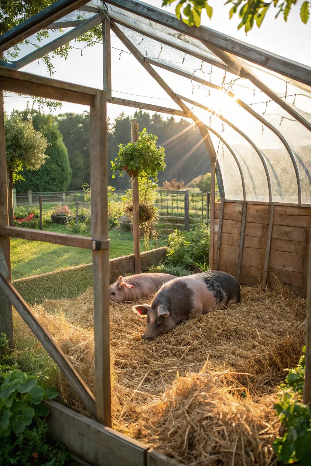 A bright and airy greenhouse retreat for pigs.