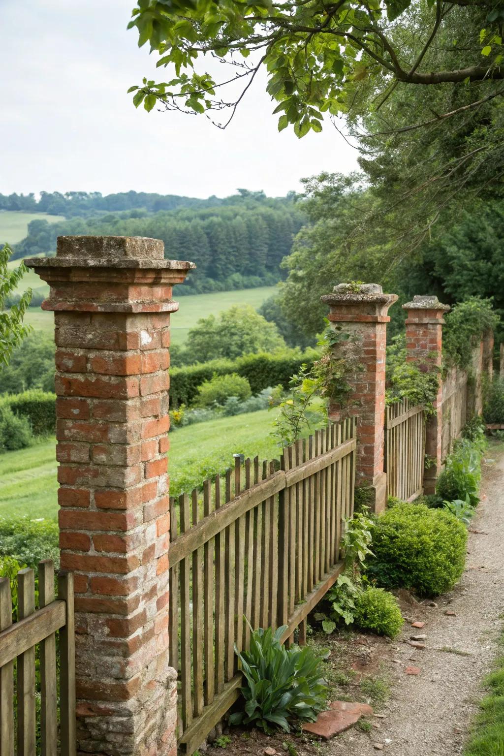 Brick pillars bring rustic charm to a garden setting.