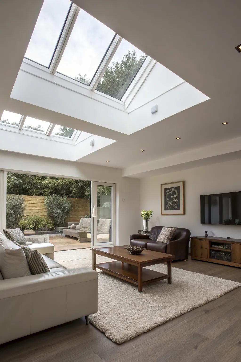 Sleek skylights adding a modern touch to a living room.