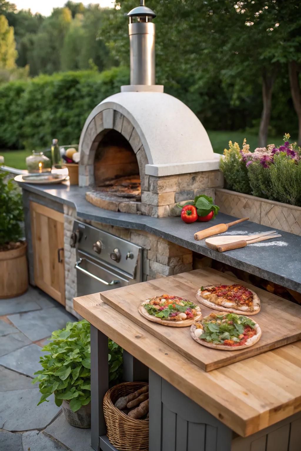 A multi-functional pizza oven setup that enhances outdoor cooking efficiency.