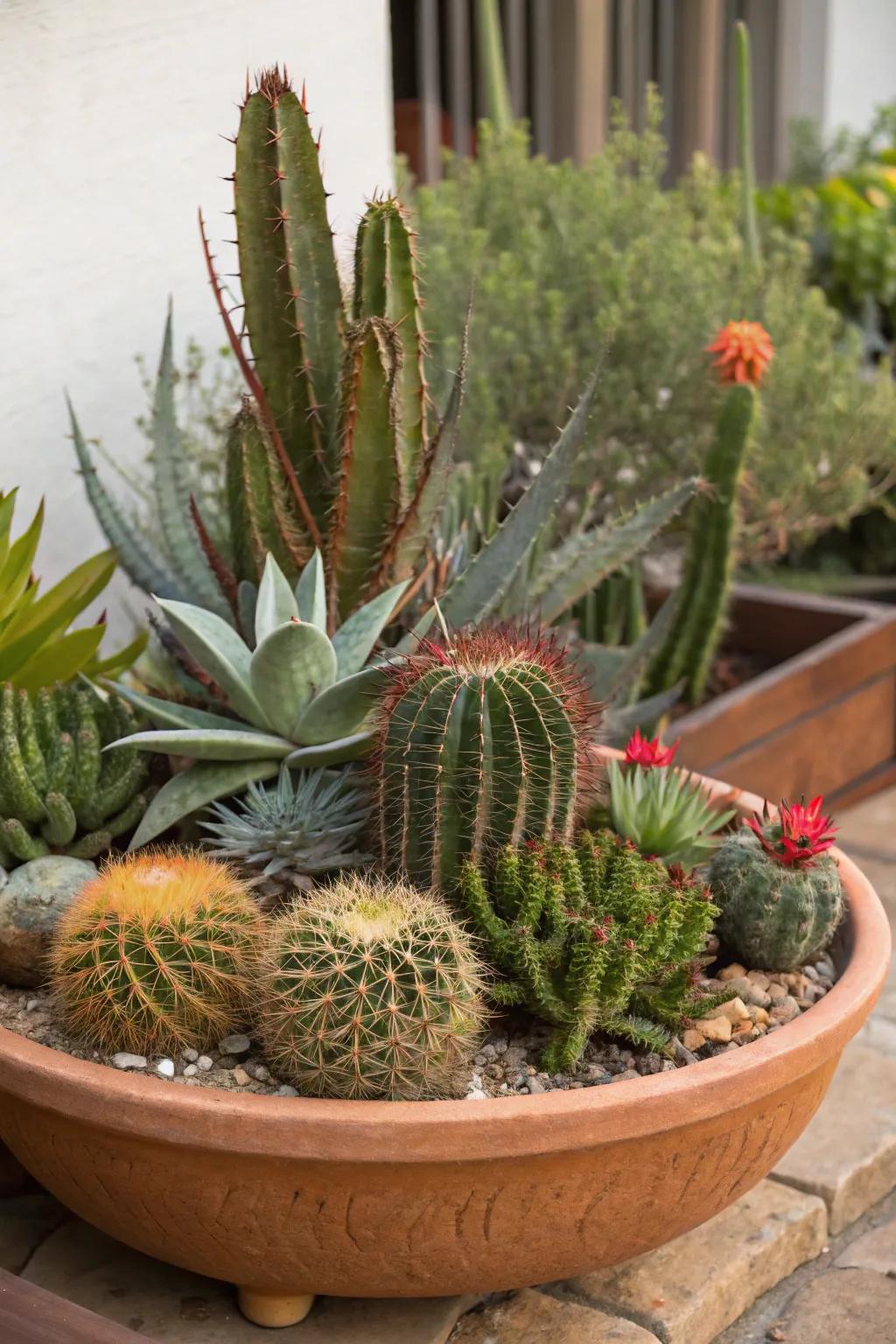 A desert-inspired container garden with striking cacti and succulents.