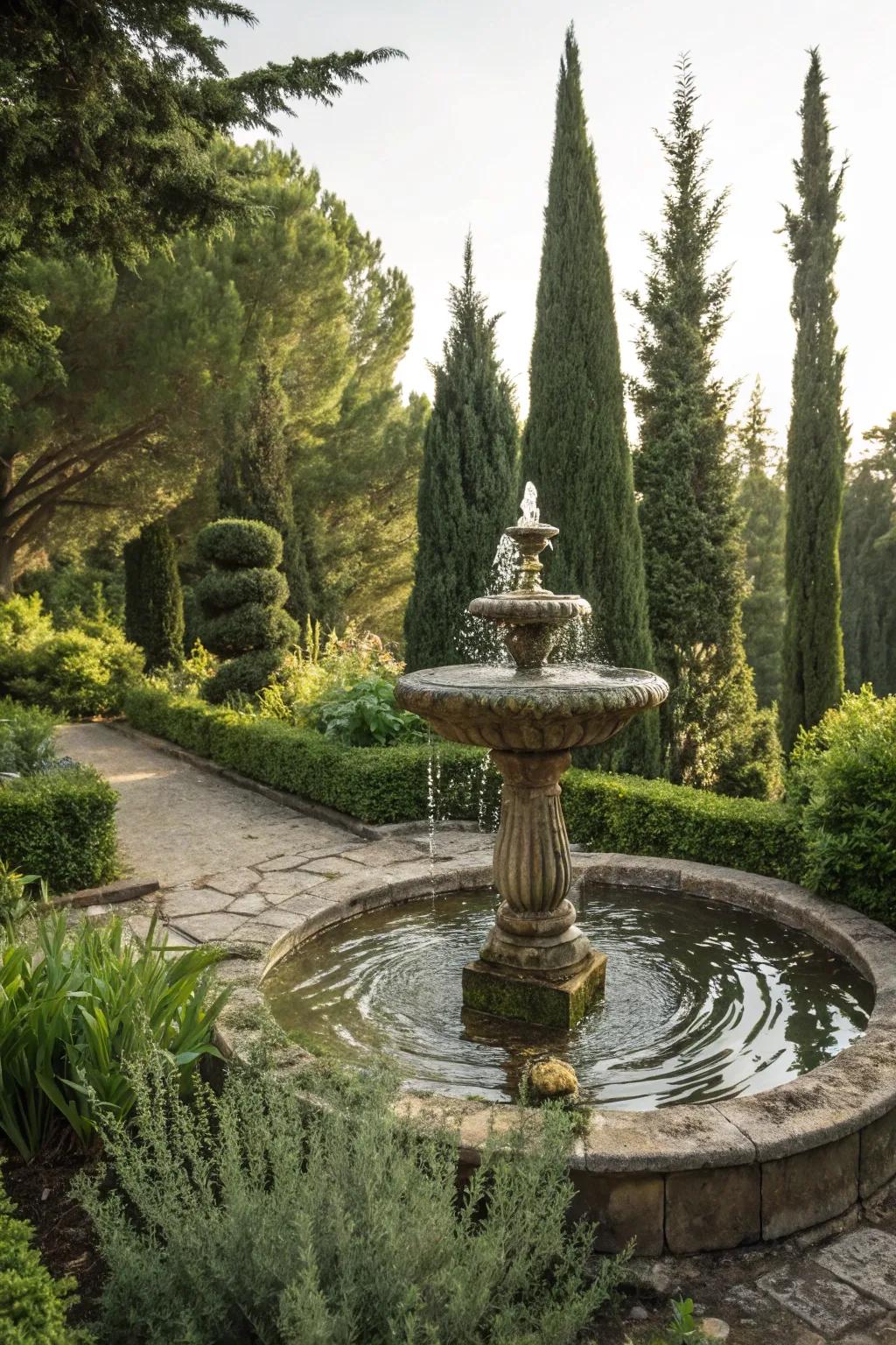 Evergreens provide consistent greenery around fountains year-round.
