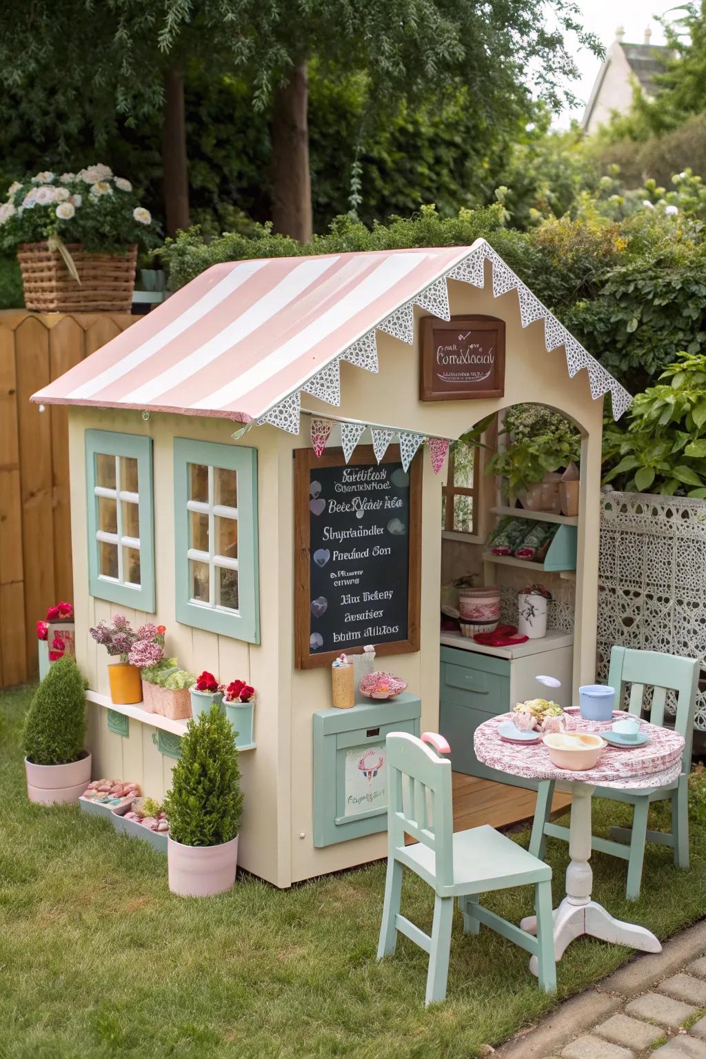 A mini cafe adds a delightful twist to the playhouse experience.