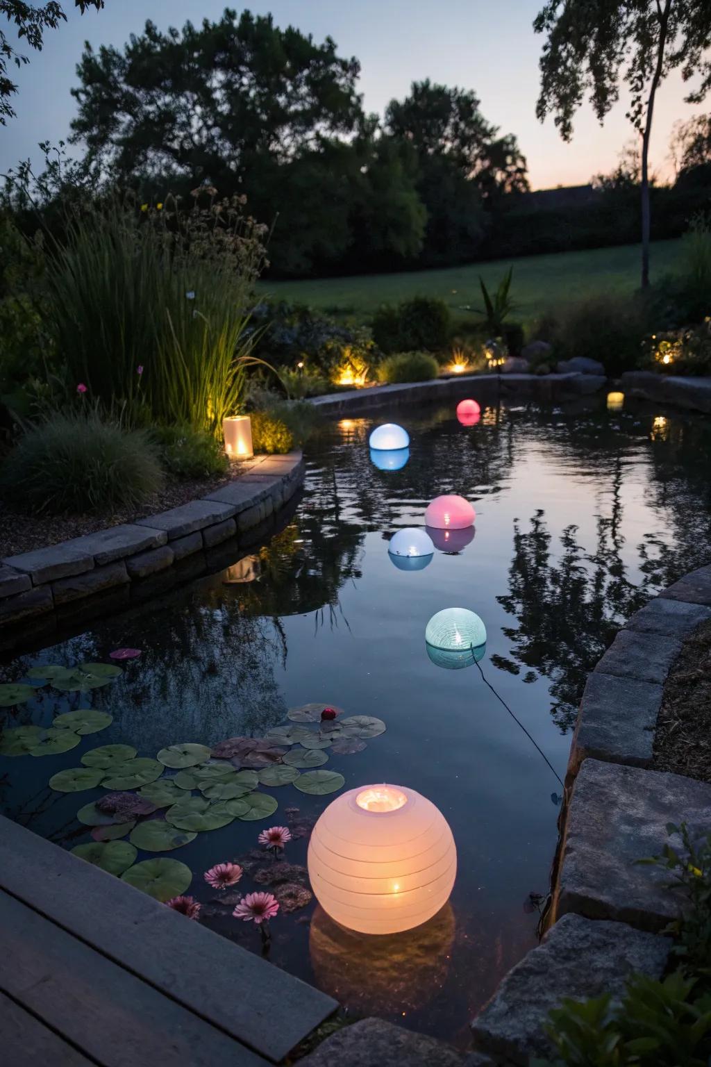 Floating solar lights adding a magical nighttime glow to a plastic pond.