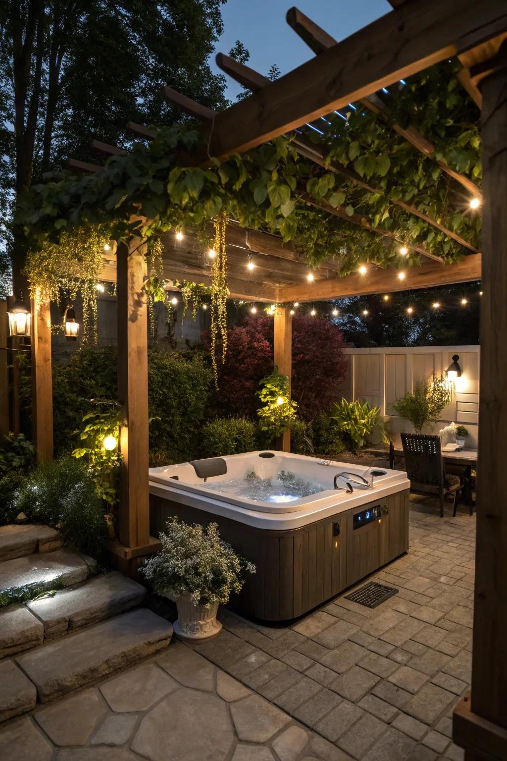 A pergola offers shade and style to your hot tub setup.