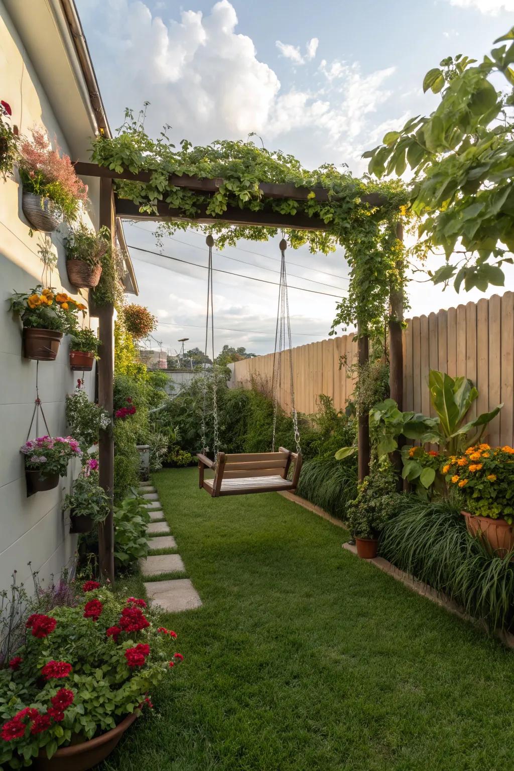 Hanging gardens add charm and greenery to play areas.