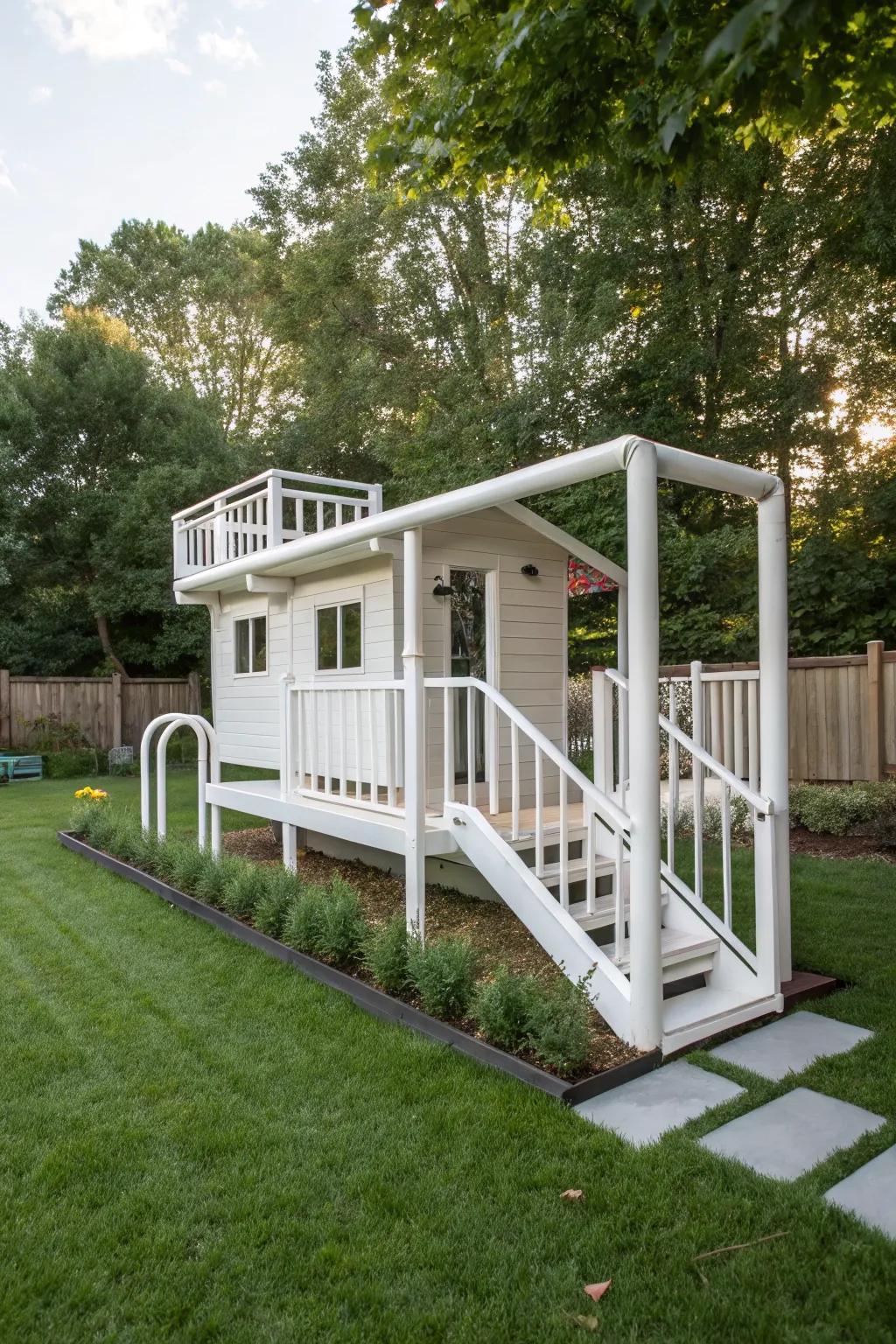 PVC pipe railings offer a sleek and modern look for playhouses.