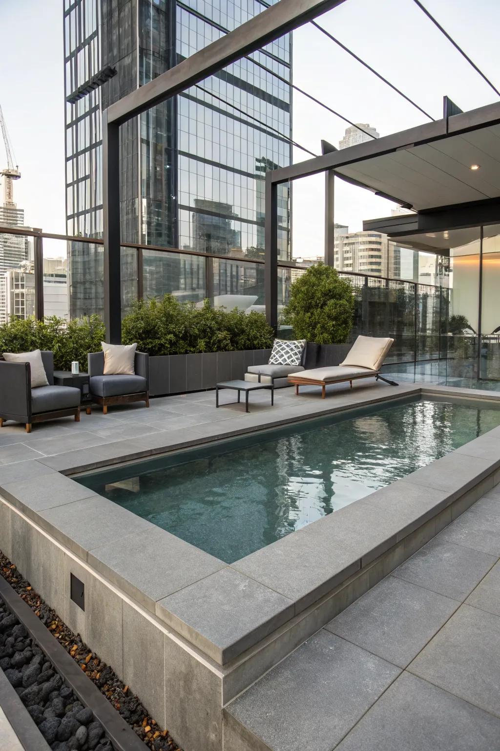 Urban chic plunge pool with sleek concrete and stylish seating.