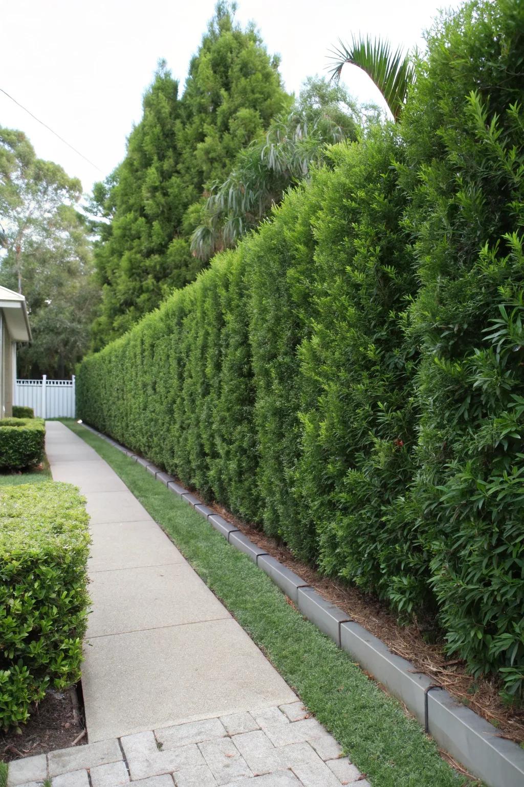 Natural living fence made of podocarpus for privacy and style.