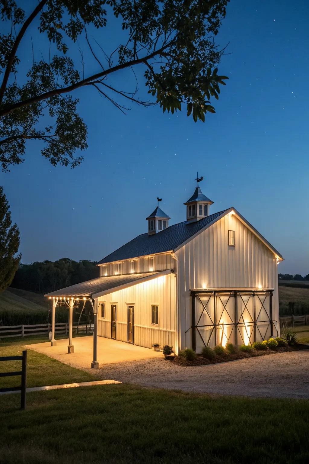 Exterior lighting turns a pole barn into a nighttime showpiece.