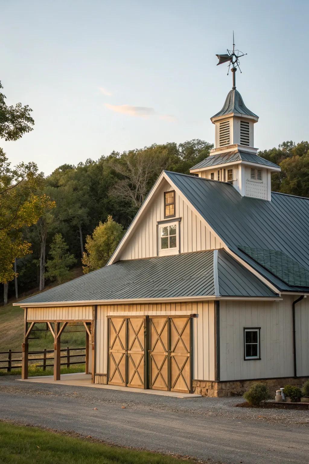 Distinctive roof styles add character to the pole barn.