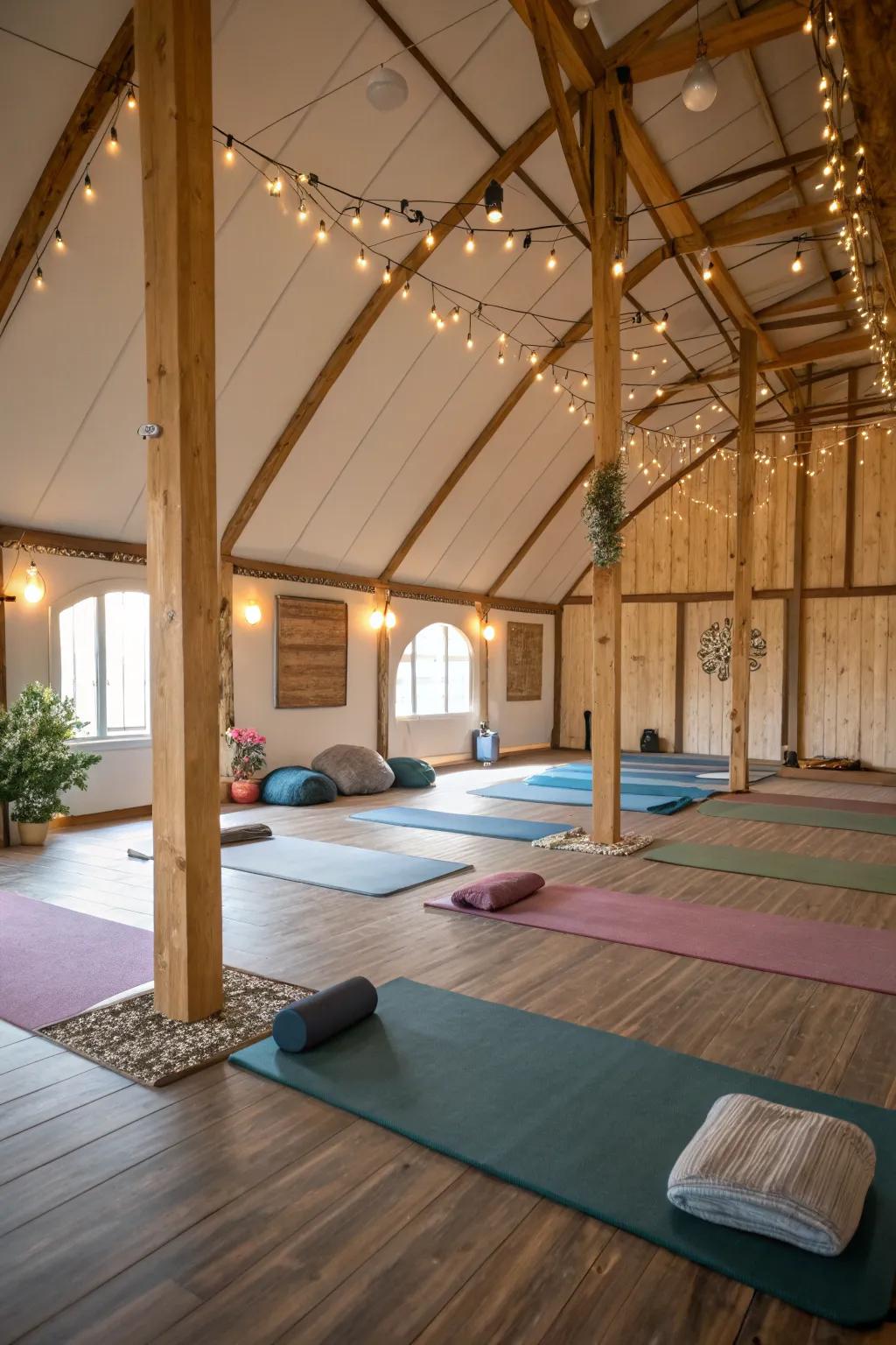 A pole building transformed into a tranquil yoga retreat space.