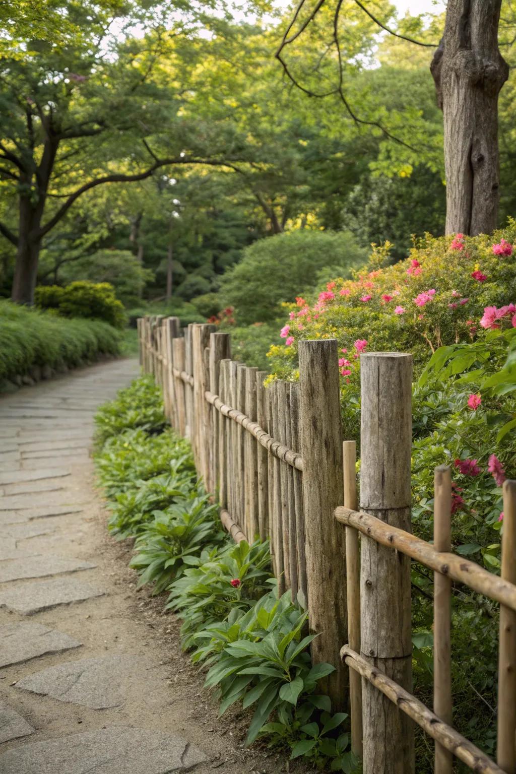 Natural wood fences harmonize beautifully with garden landscapes.