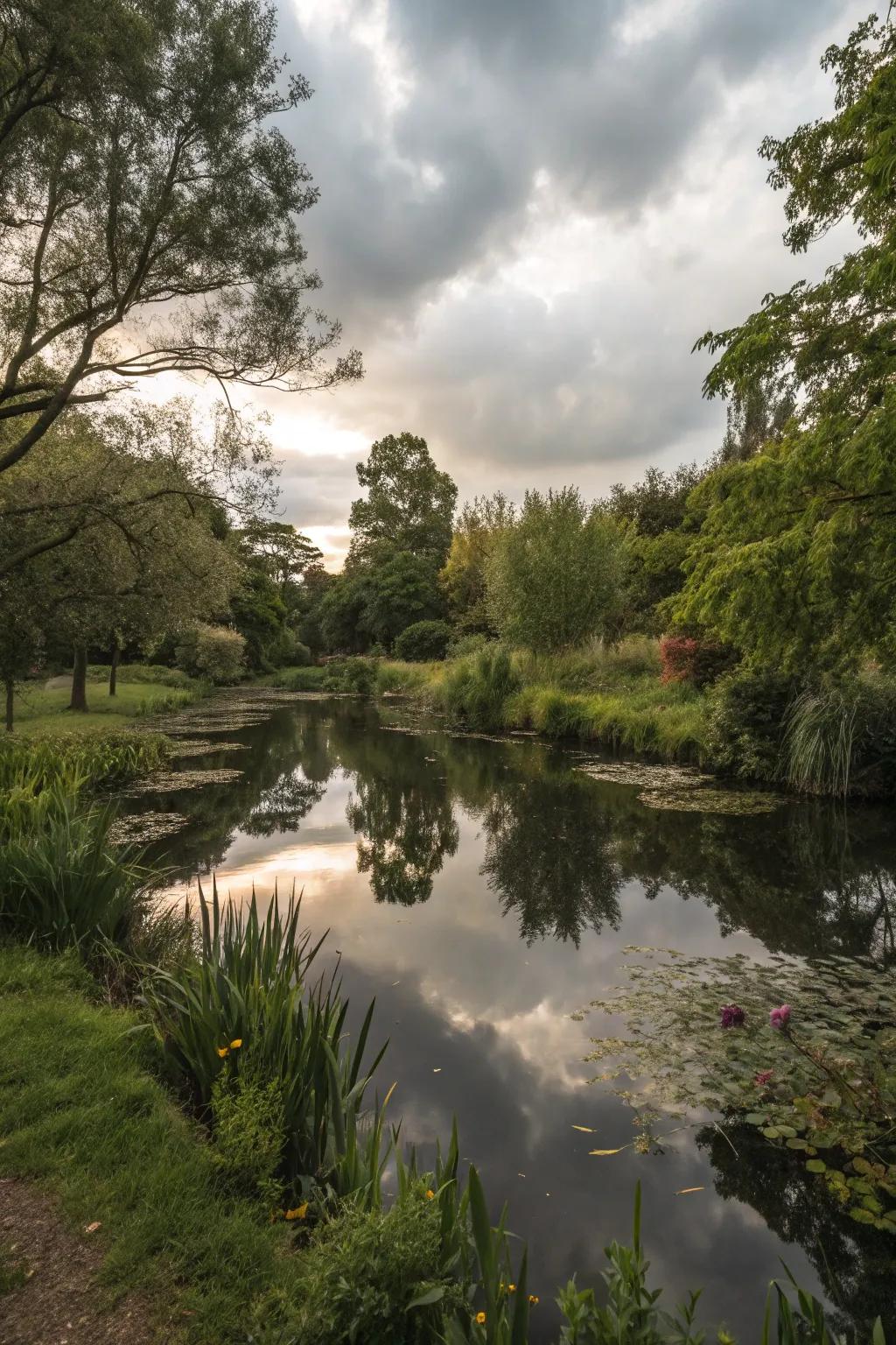 Reflective ponds create a mirror-like surface in the garden.