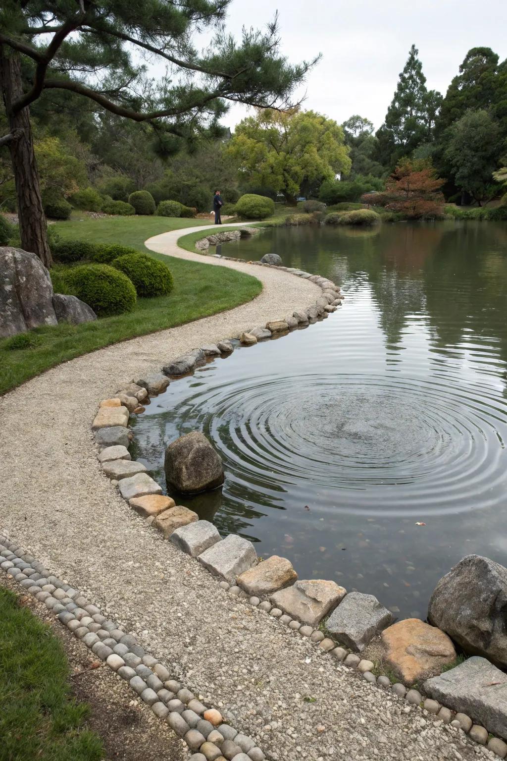 Pebble pathways add a rustic charm to your pond area.