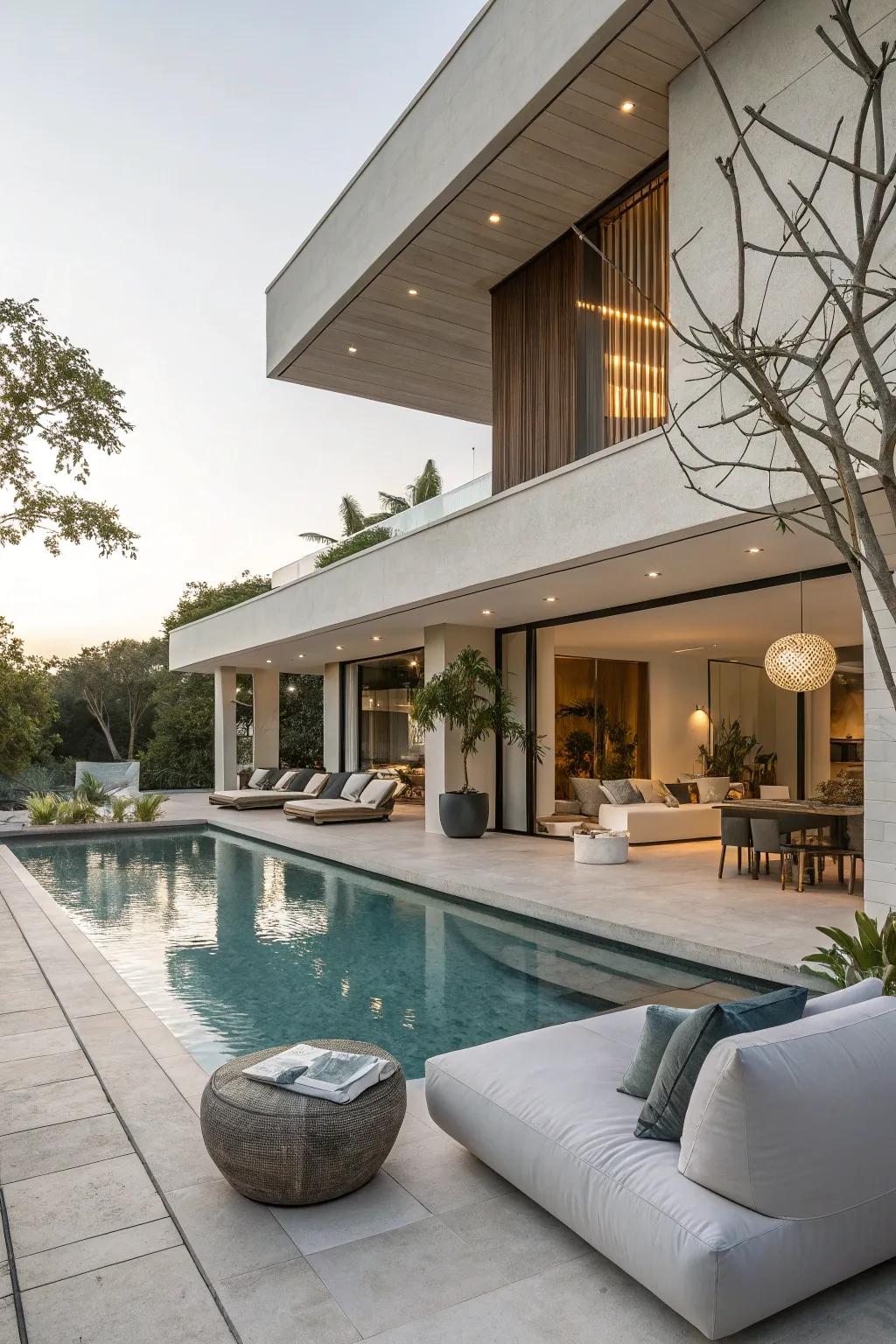 Modern design elements create a chic poolside ambiance.