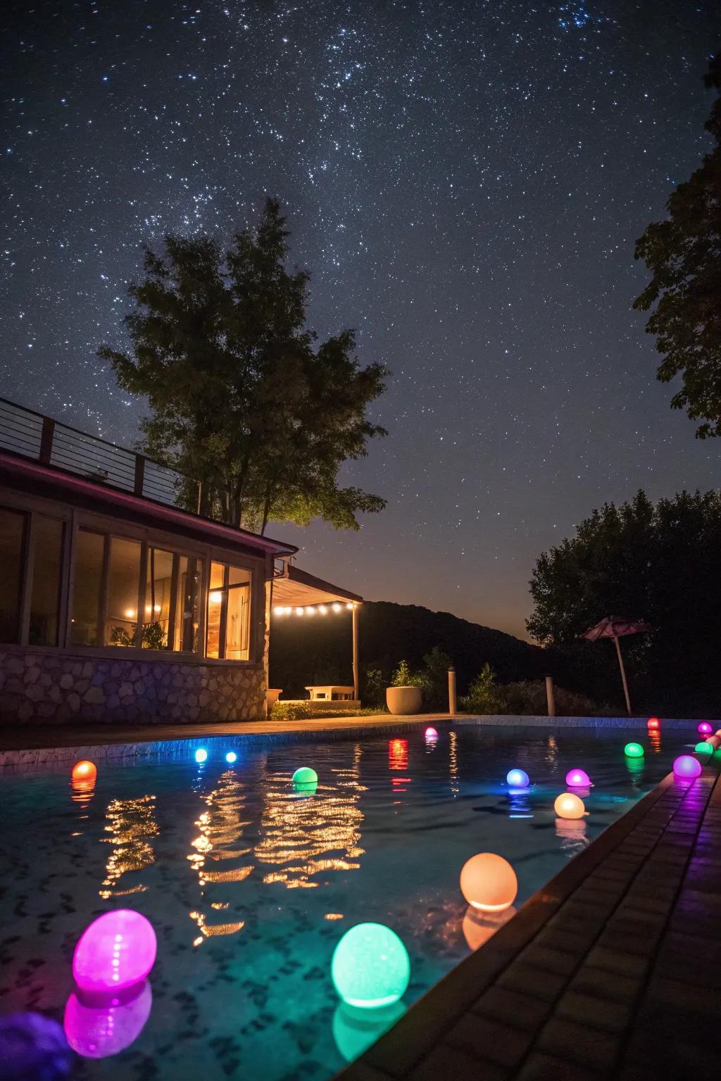 A mesmerizing glow-in-the-dark pool party setup.