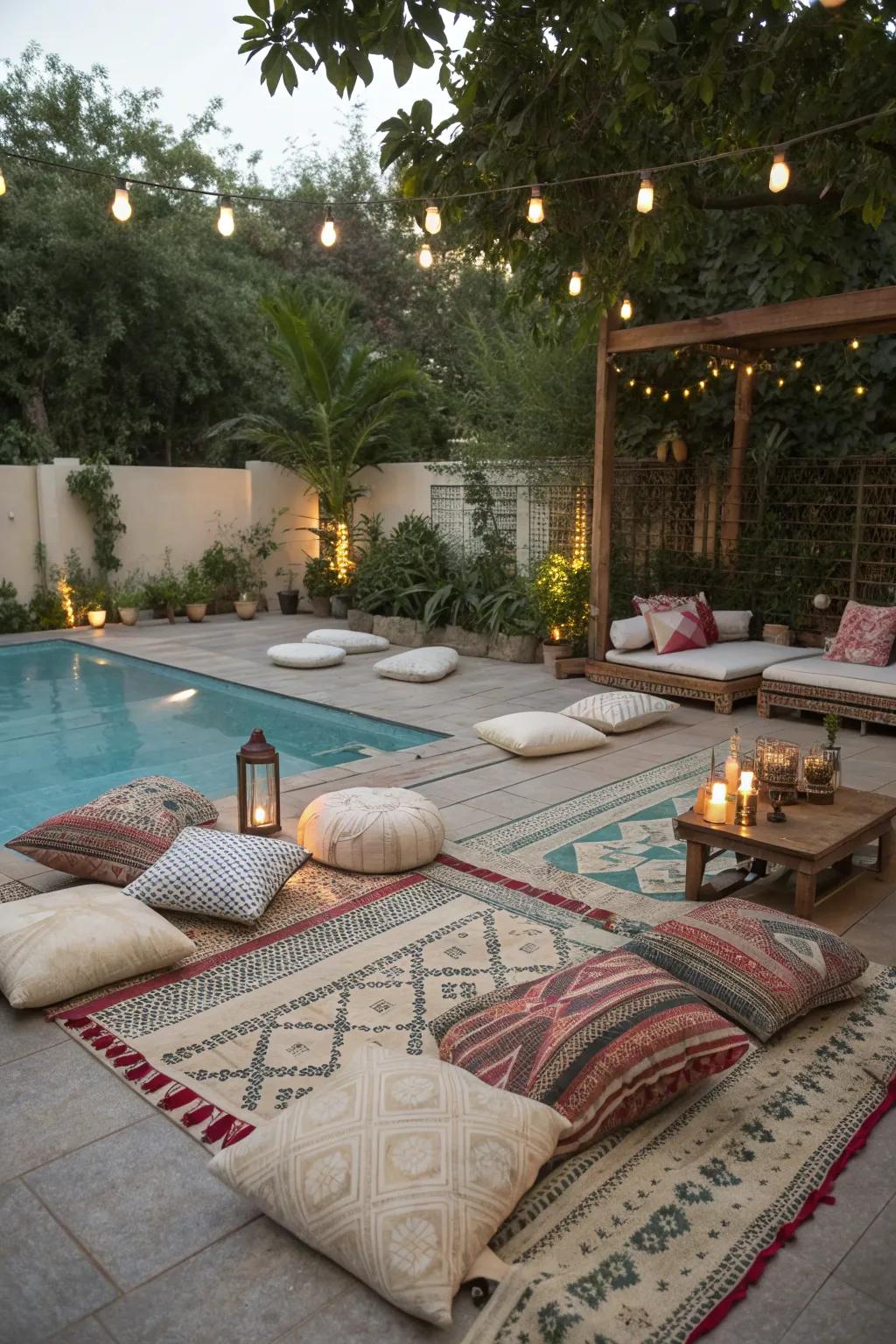 Comfortably chic with rugs and cushions.