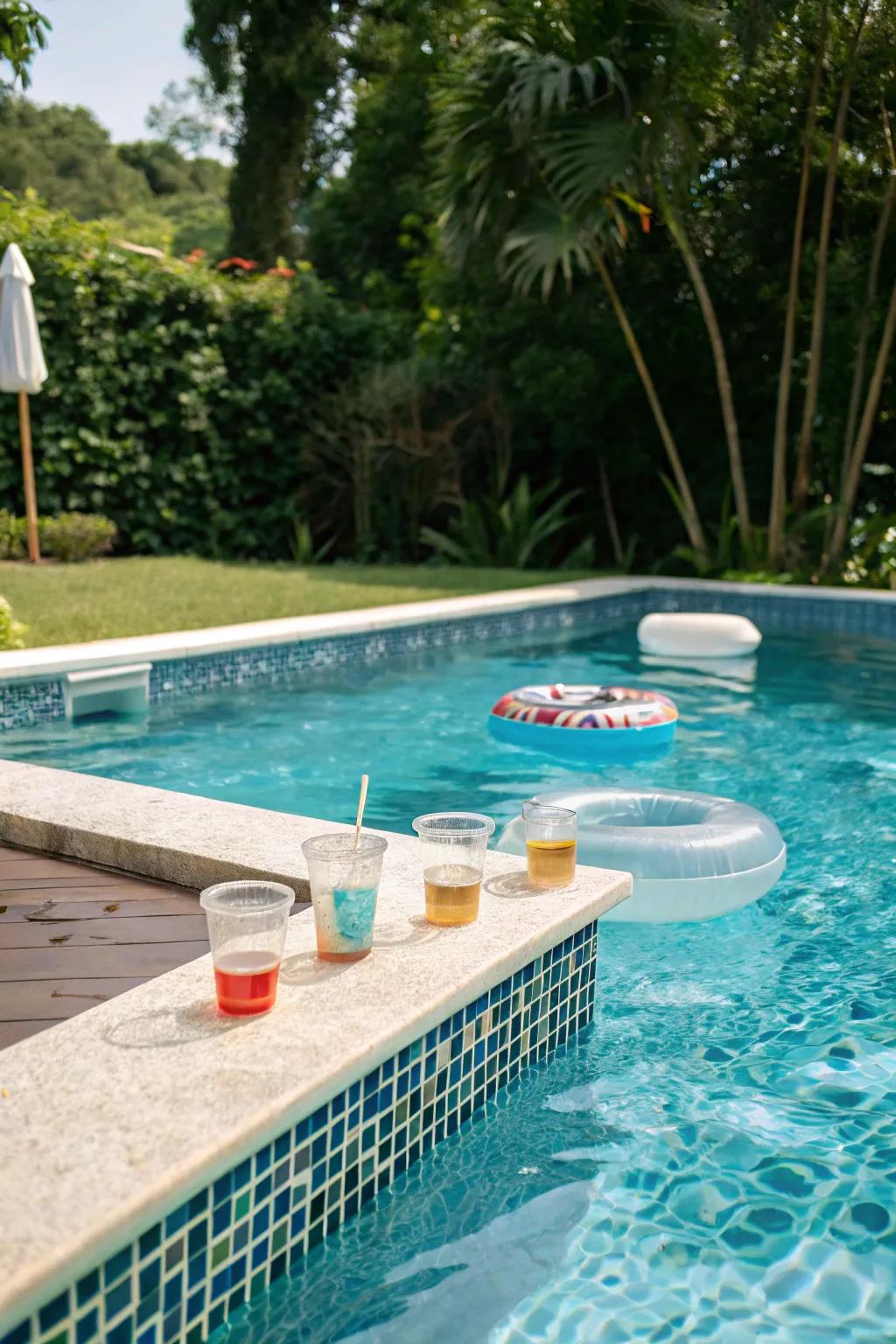 A pool with floating drink holders in clear blue water.