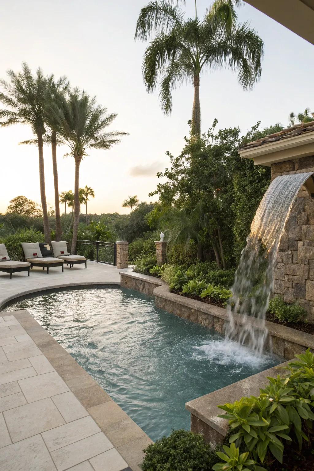 A tranquil pool deck featuring a soothing waterfall as the centerpiece.