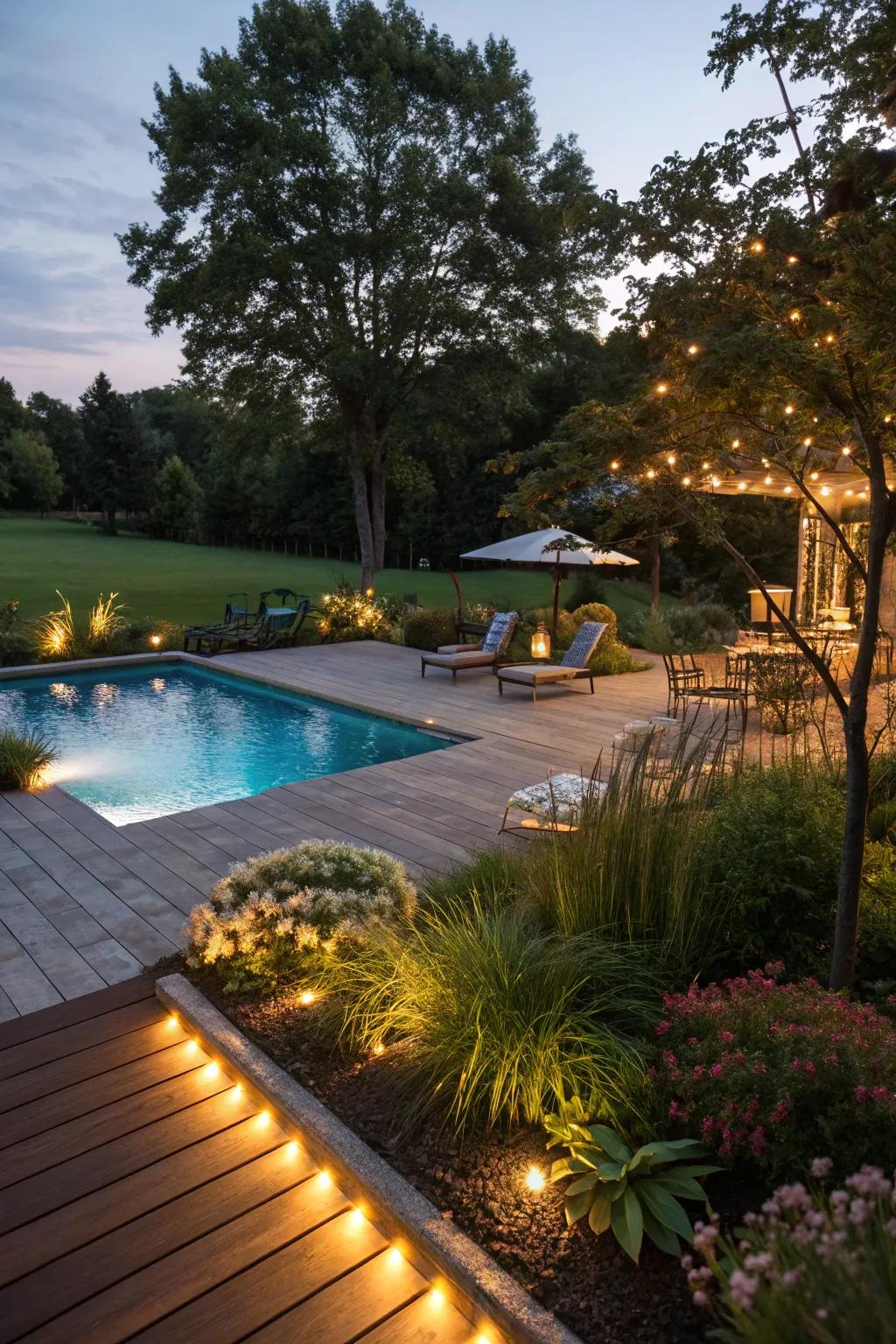 Seamlessly integrated landscape lighting around the pool.
