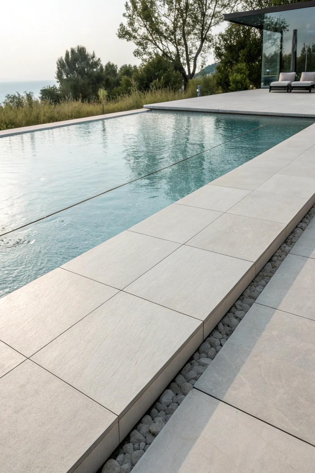 Large-format tiles offer a minimalist and seamless pool edge.
