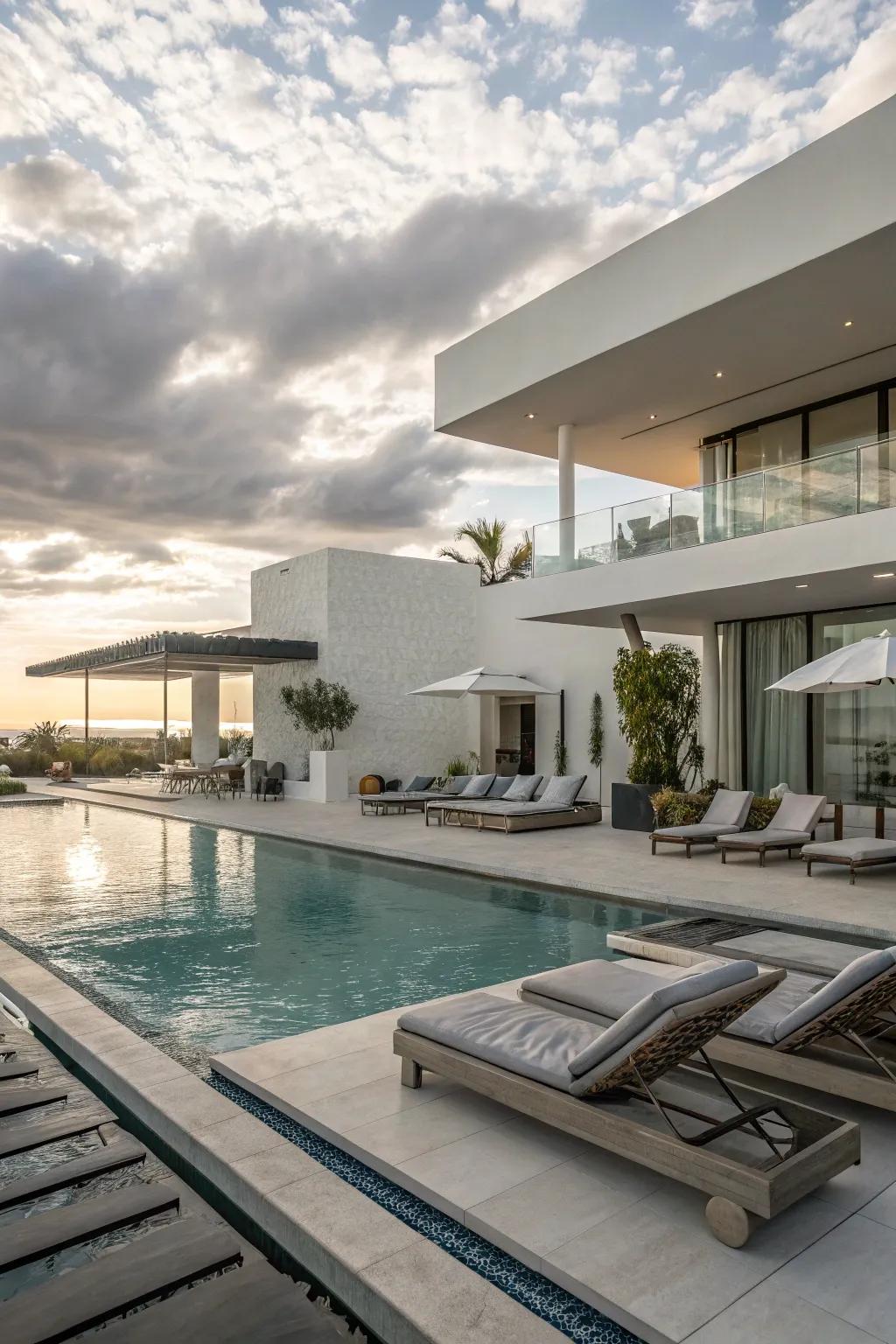 A modern-designed pool area with sleek lines and contemporary furniture.