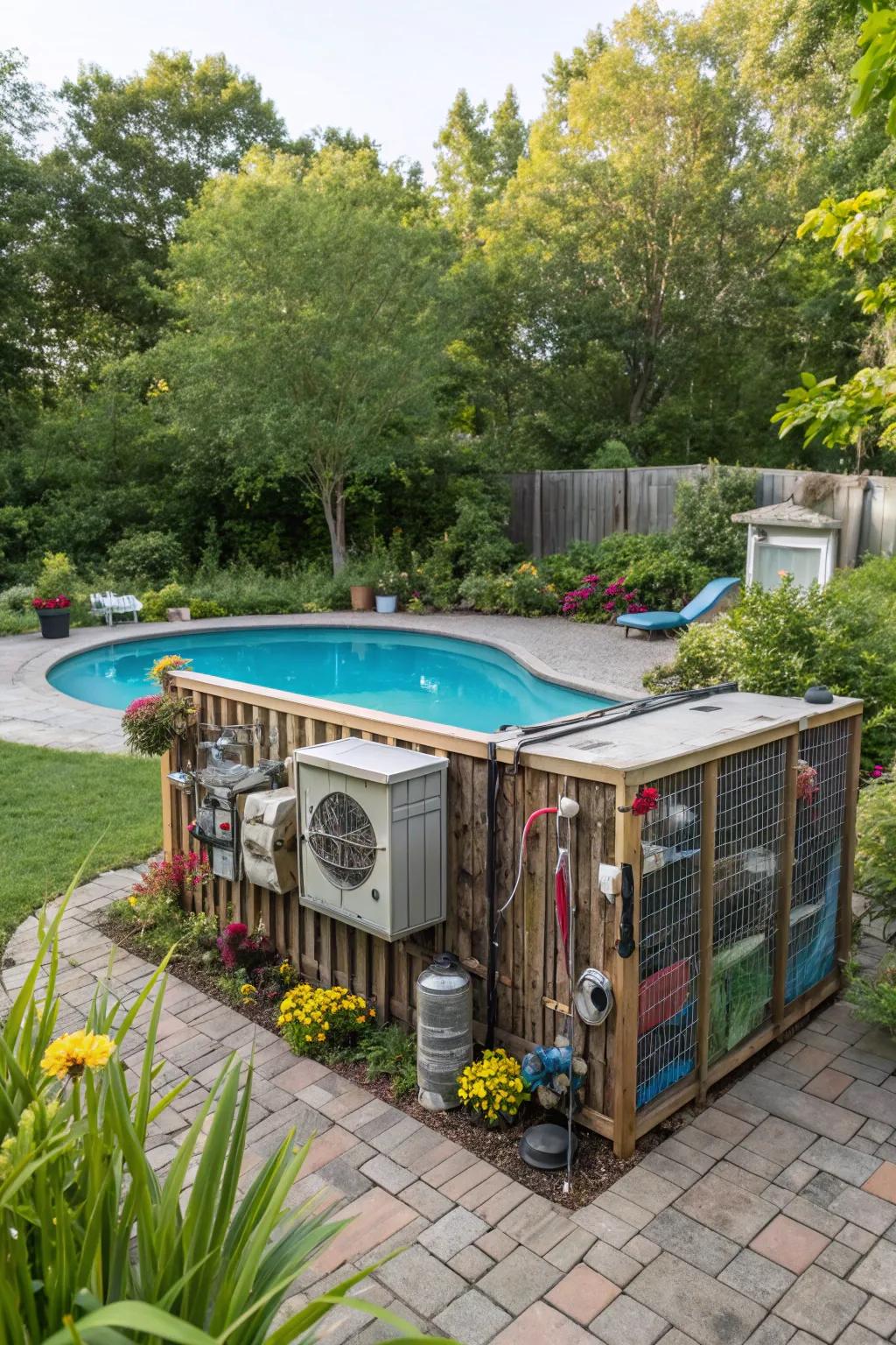 Upcycled materials create a unique and sustainable pool equipment enclosure.