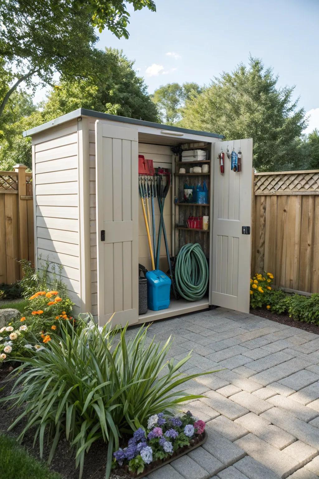 Garden sheds provide a multifunctional space for pool equipment.