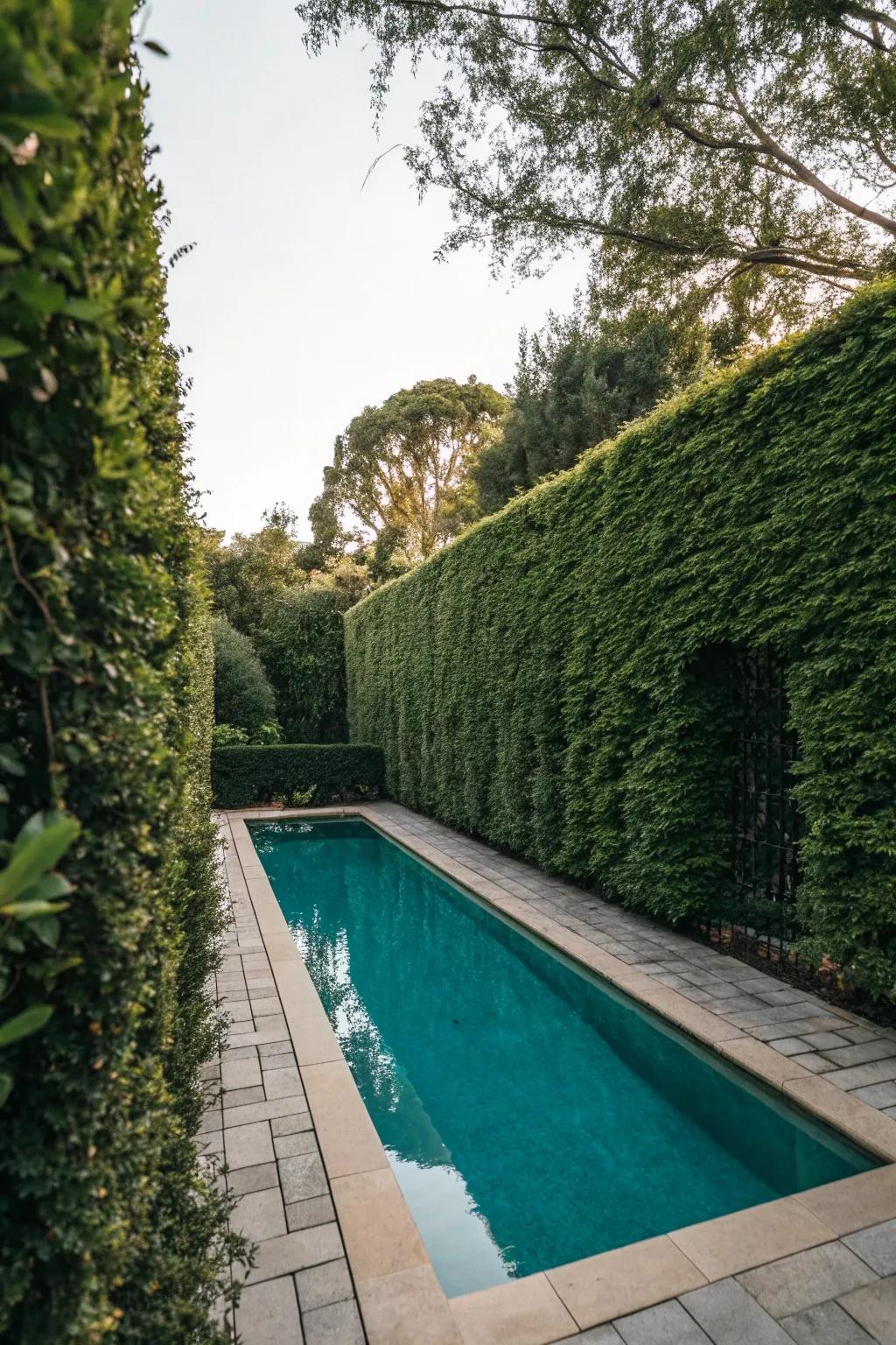 Natural privacy with lush hedge fencing.